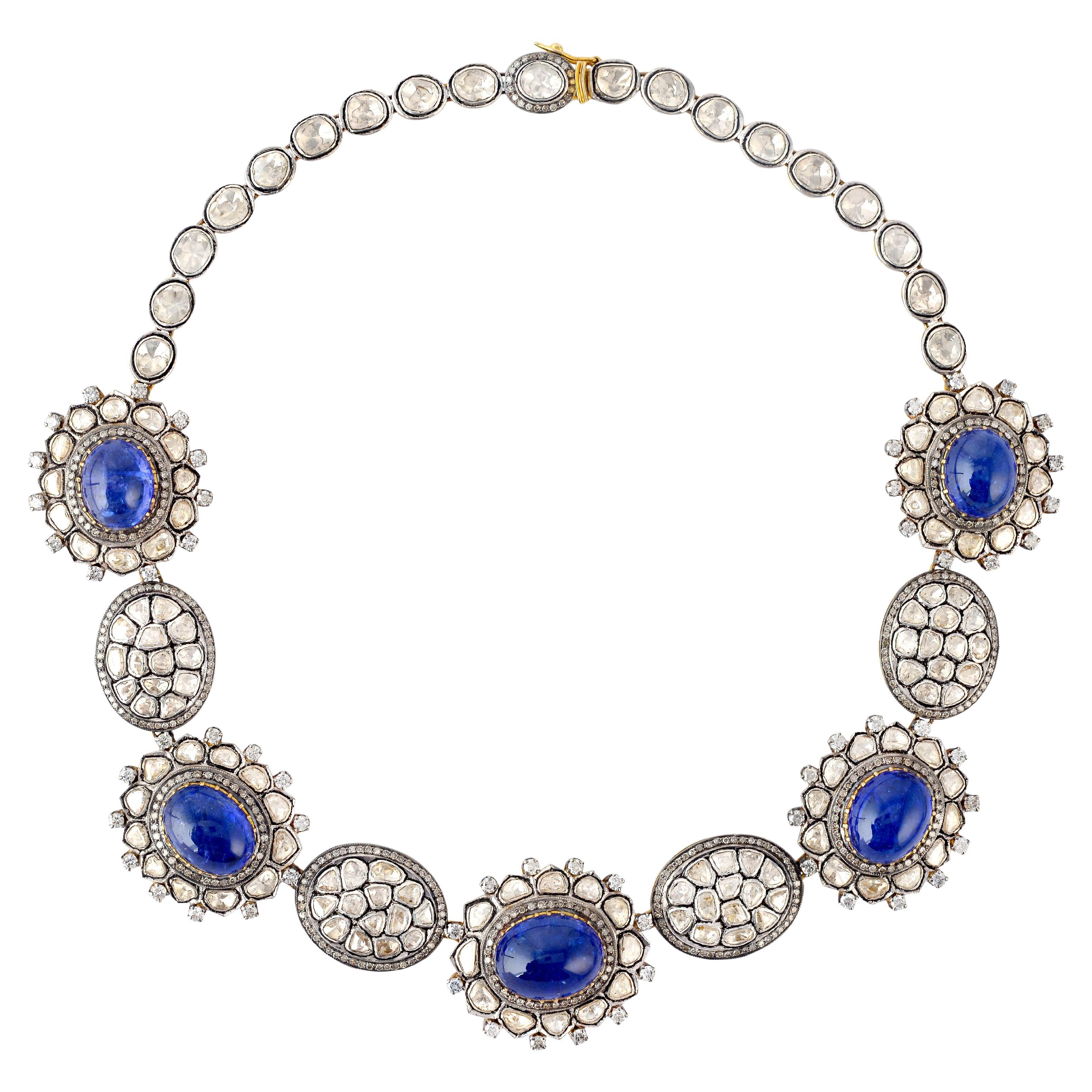 Tanzanite & Rose Cut Diamond Necklace Made in Gold & Silver