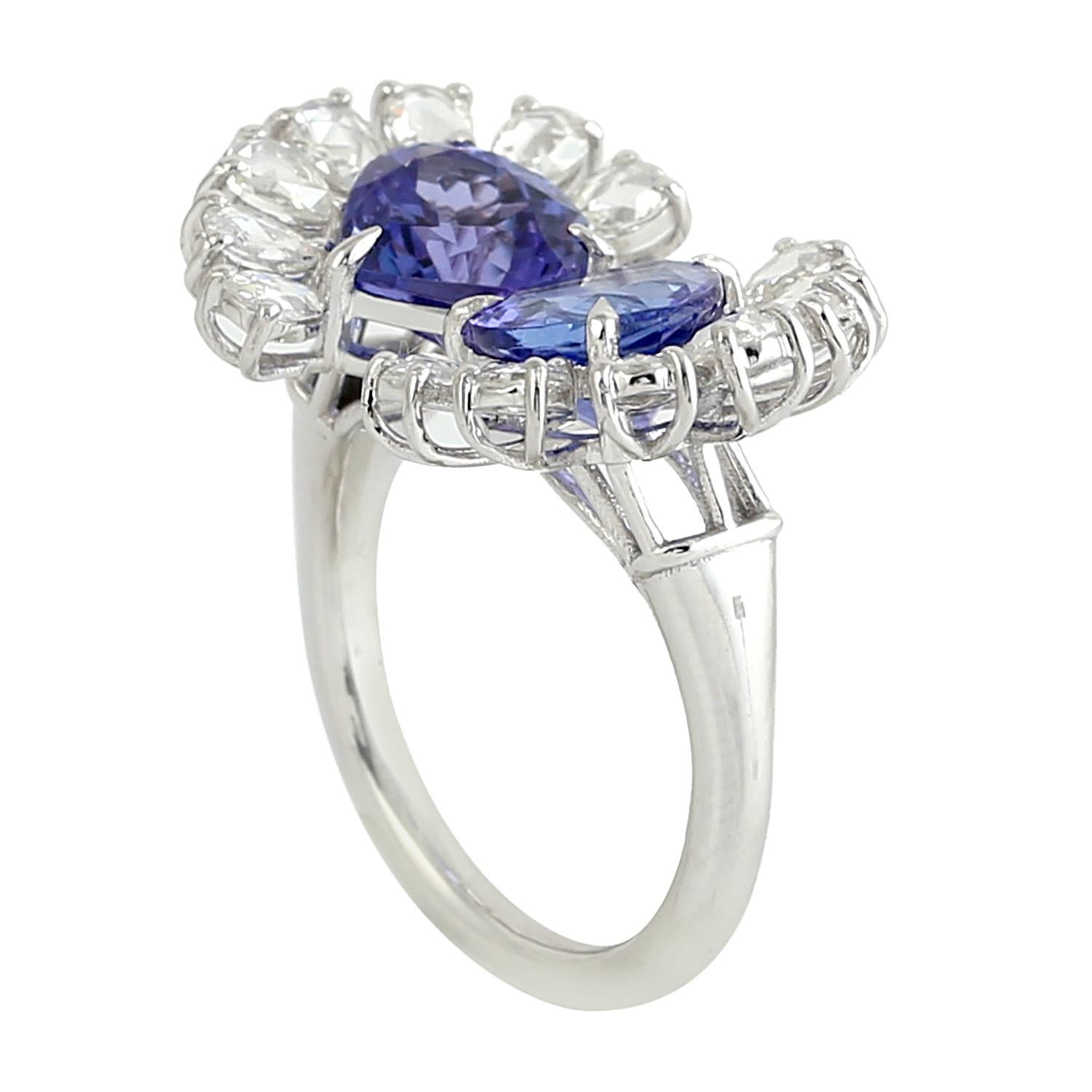 Mixed Cut Tanzanite & Rose Cut Diamond Ring Made In 18k White Gold For Sale