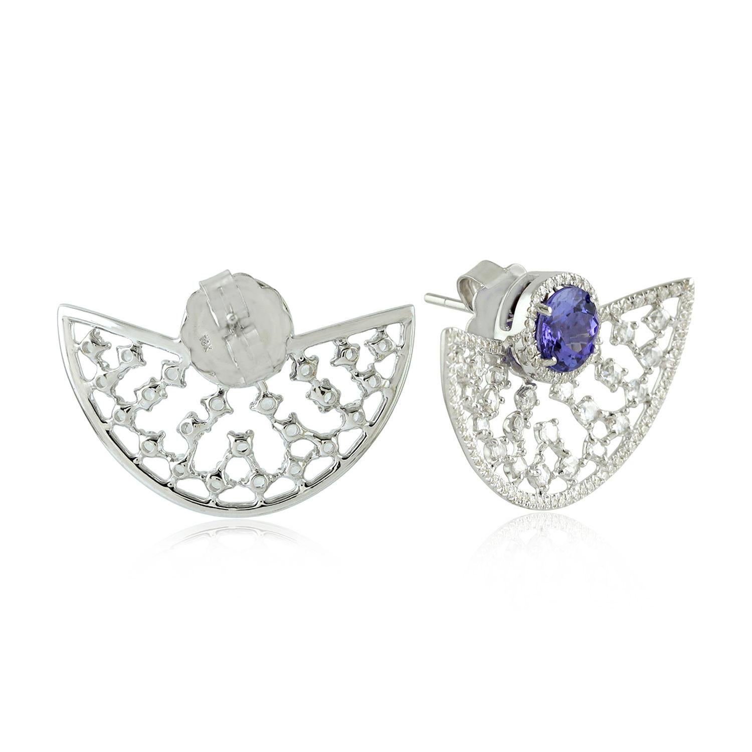 Tanzanite Rose Cut Diamond Stud Earrings In 18K White Gold In New Condition For Sale In New York, NY