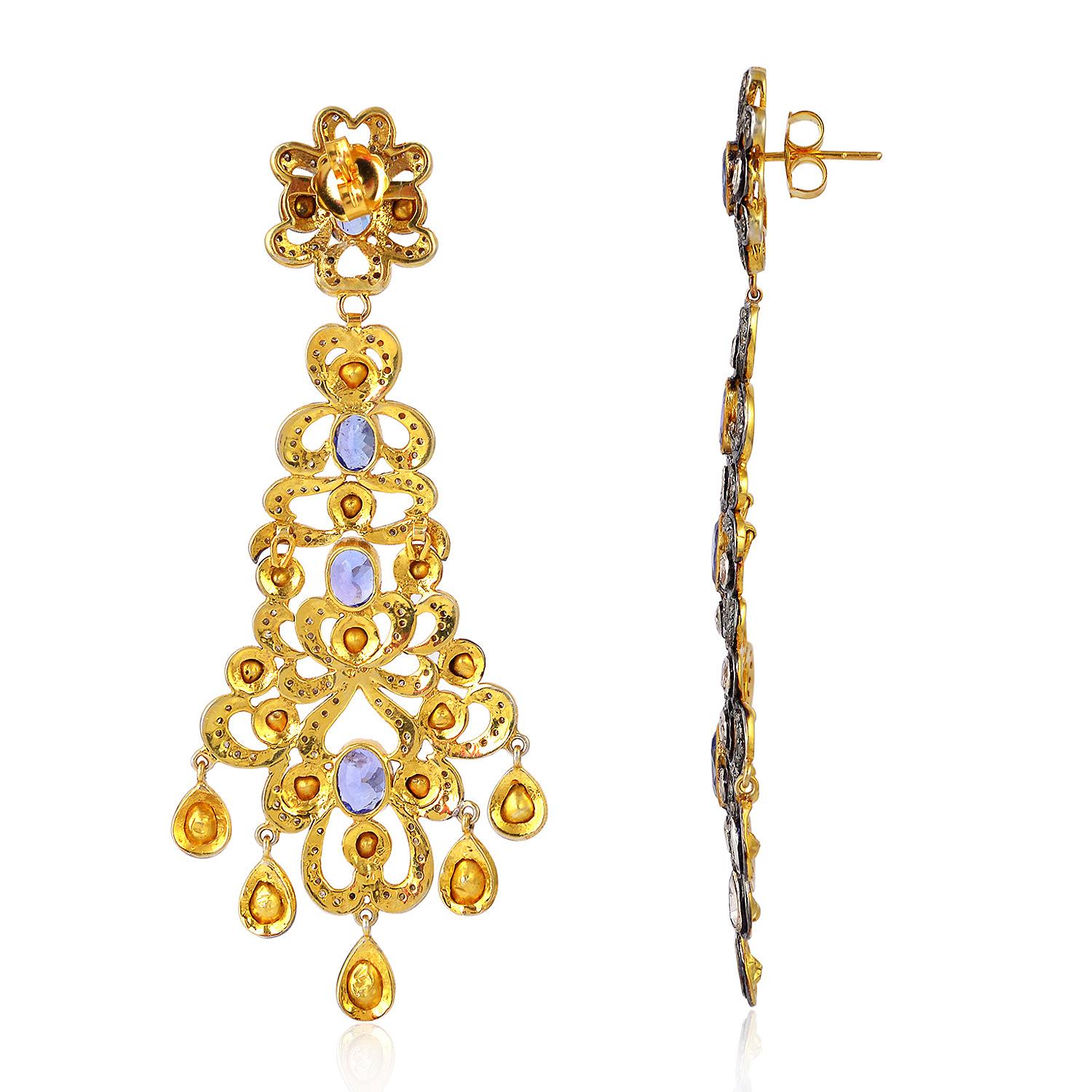Artisan Boucles d'oreilles chandelier en or et argent avec tanzanite et diamants taille rose en vente