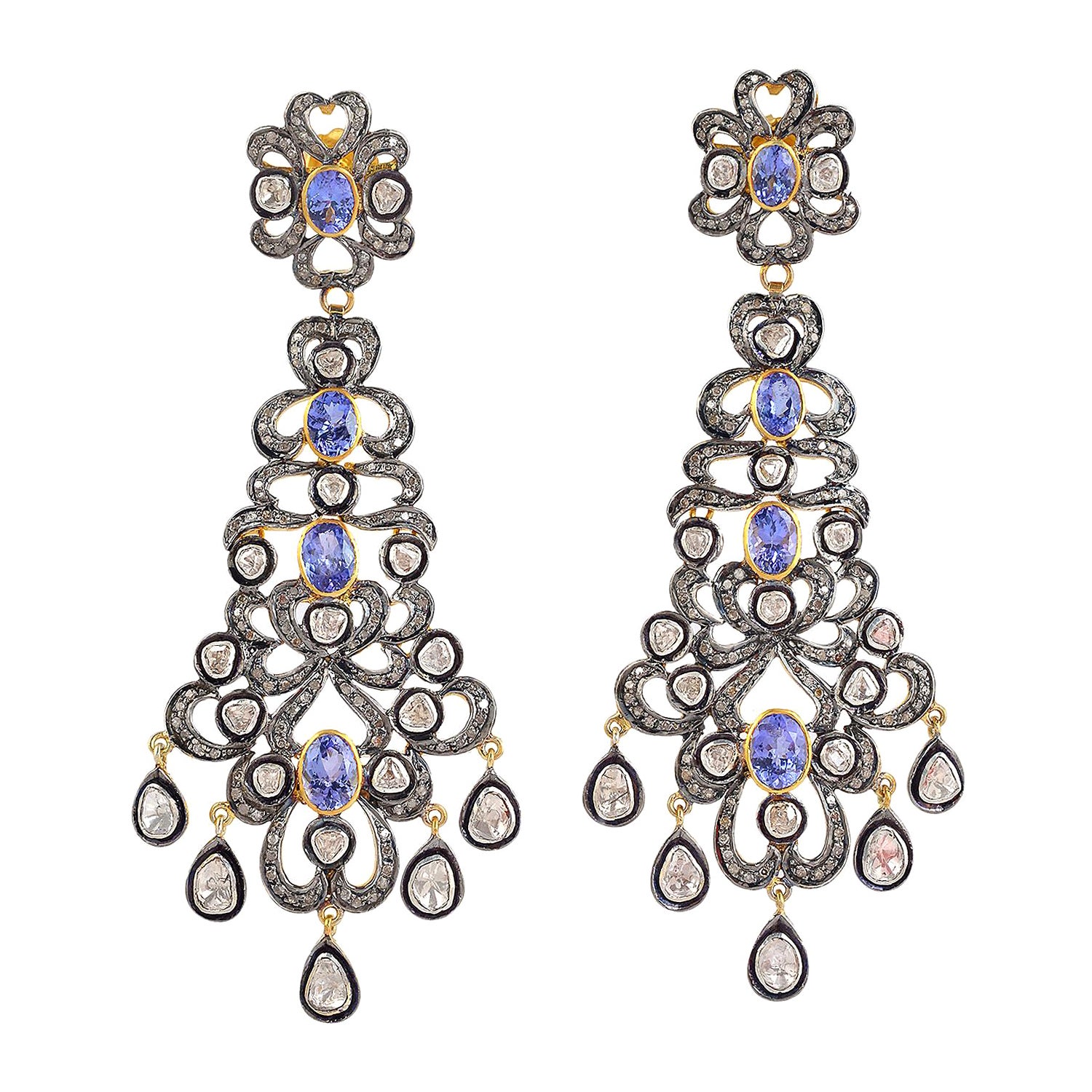 Boucles d'oreilles chandelier en or et argent avec tanzanite et diamants taille rose