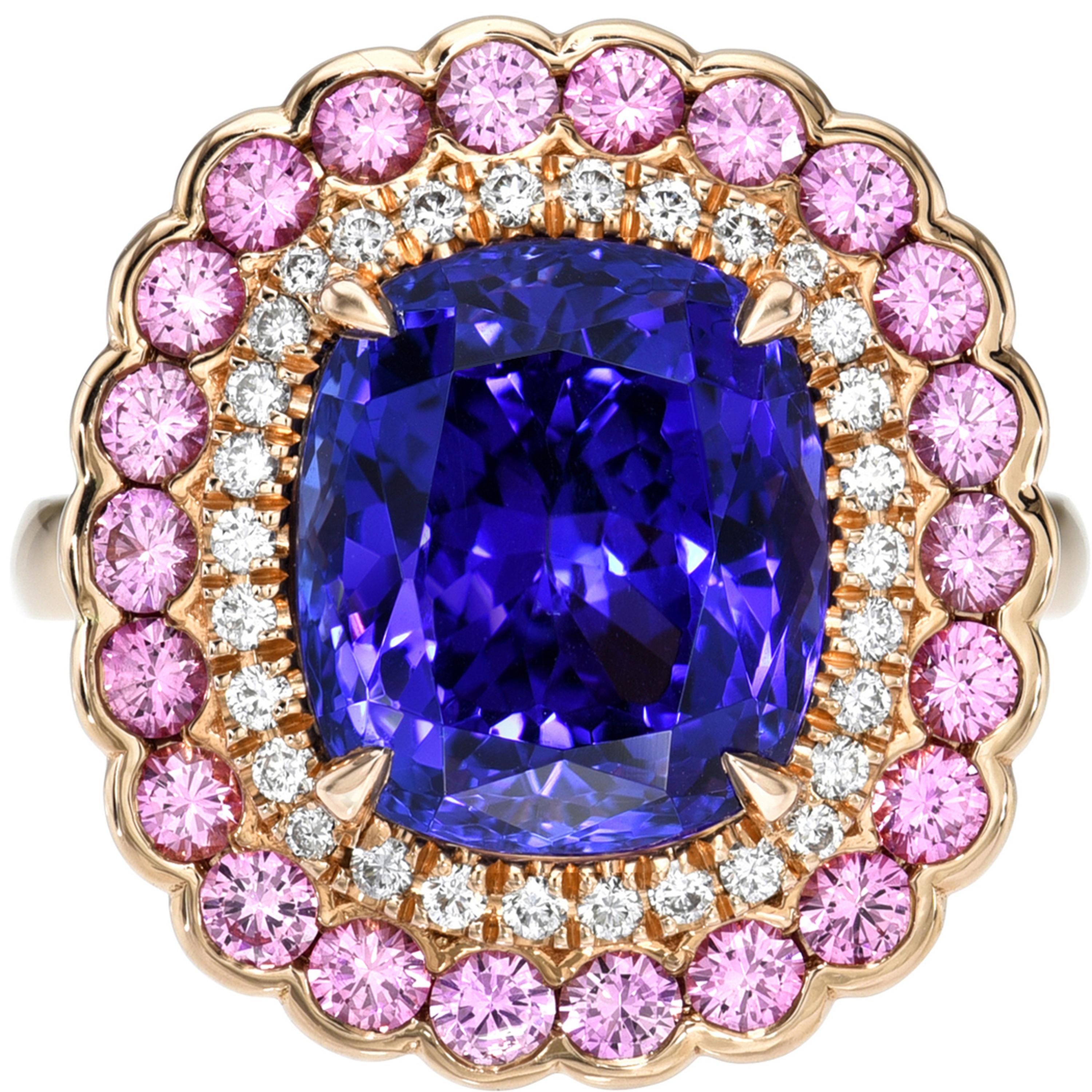 Taille coussin Bague en or rose avec tanzanite, saphir rose et diamant GIA en vente