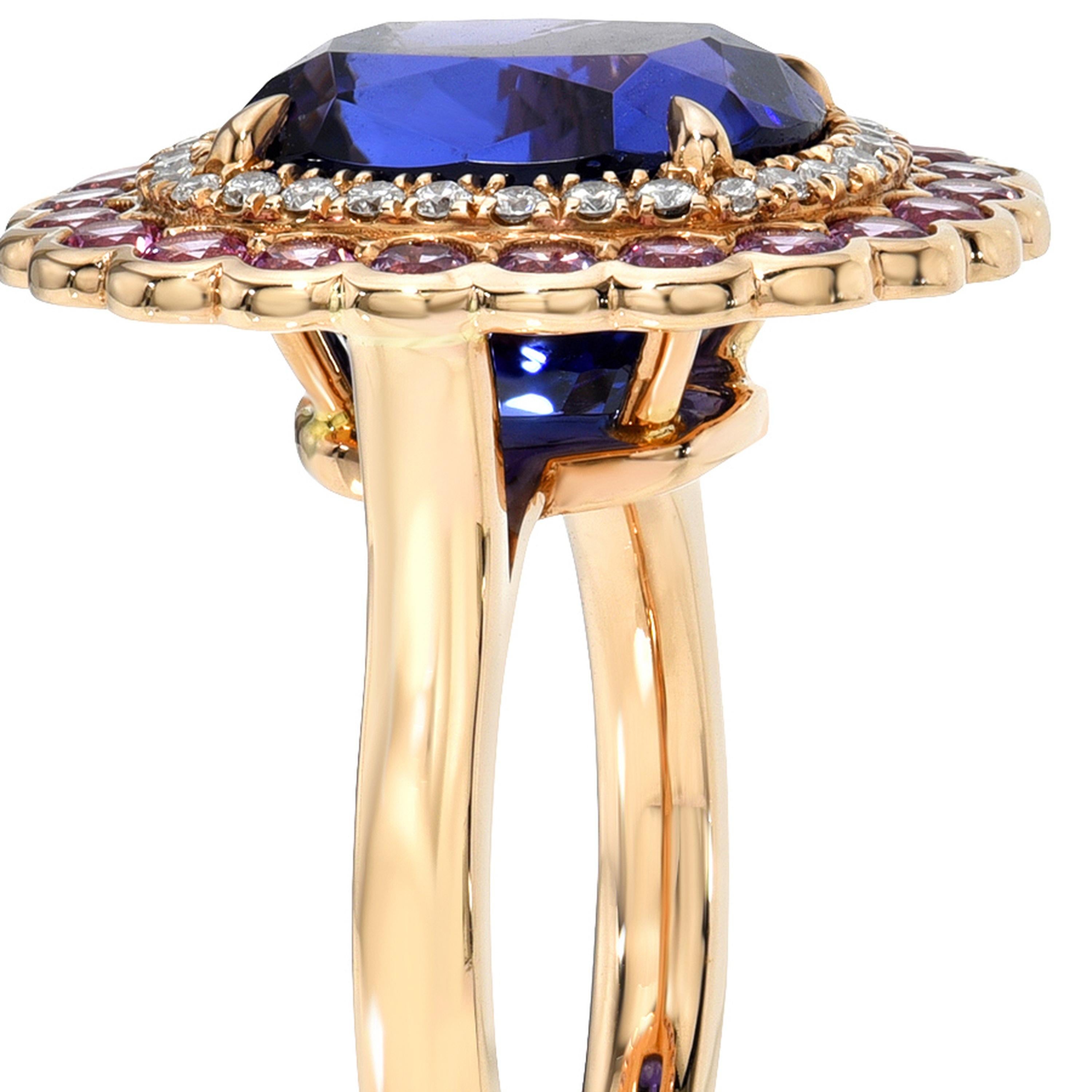 Bague en or rose avec tanzanite, saphir rose et diamant GIA en vente 1