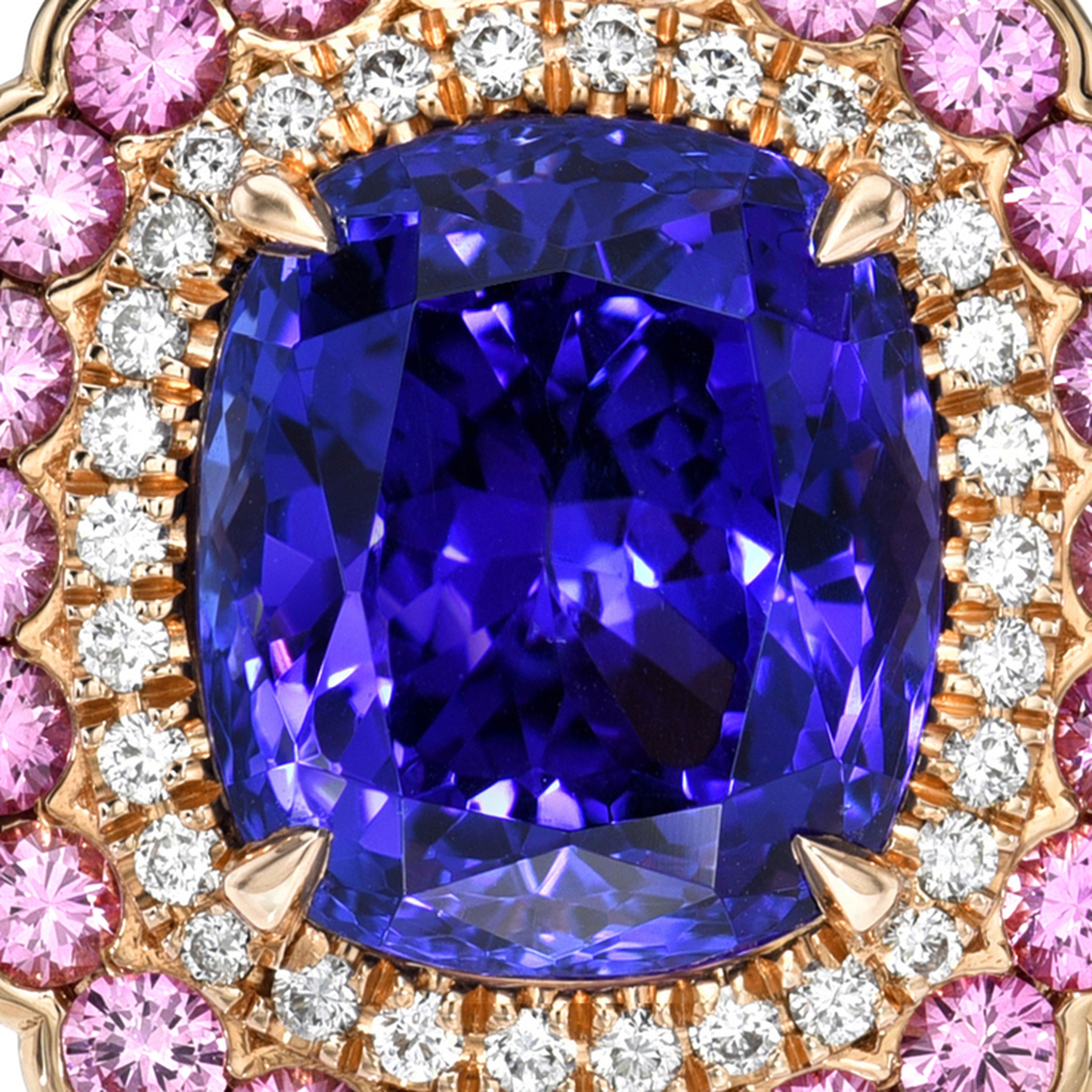Bague en or rose avec tanzanite, saphir rose et diamant GIA en vente 3