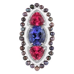 Tanzanite, Rubelite, Natural Mexican Pearls and Diamond Long Ring
