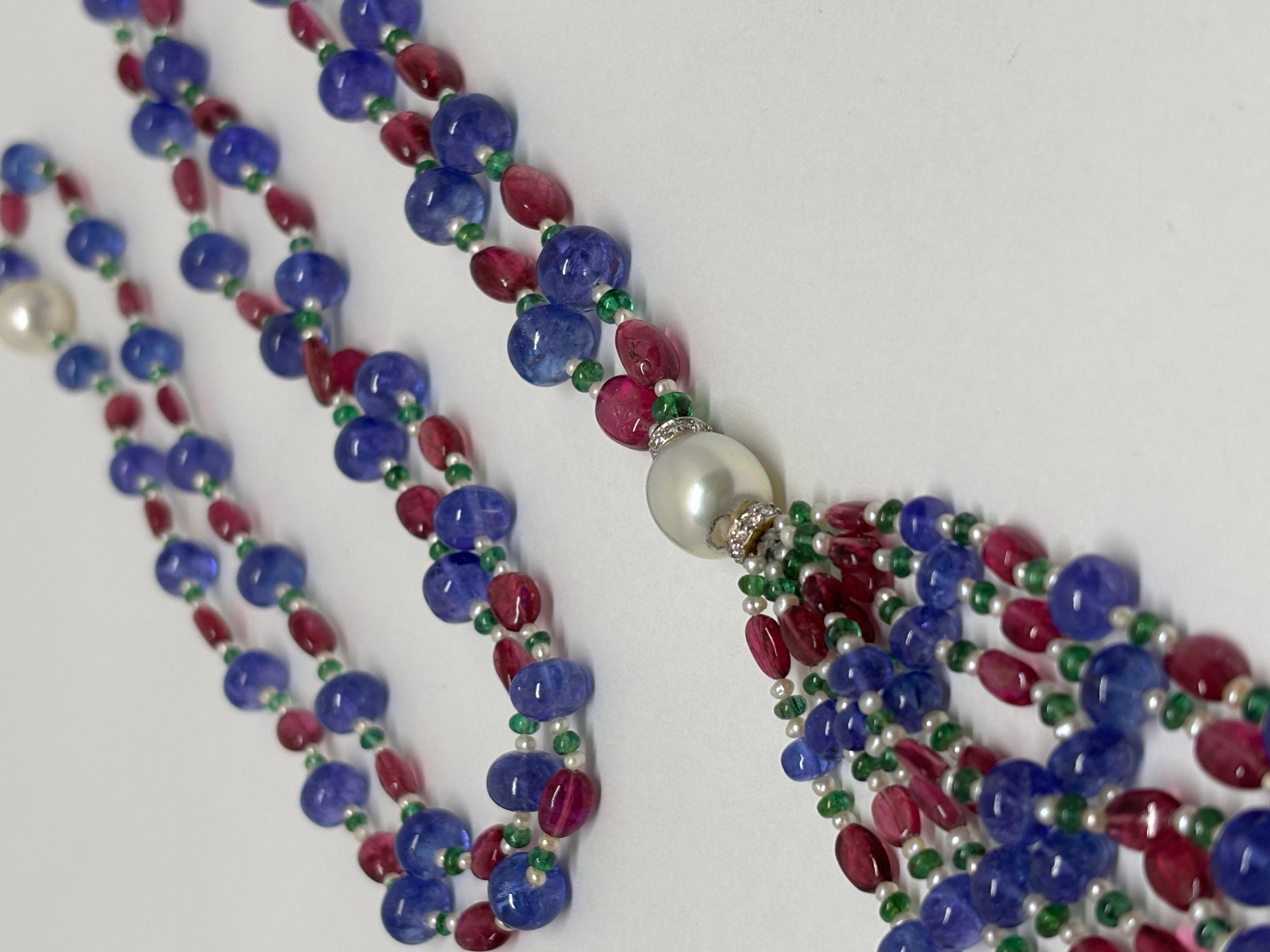 Contemporary Tanzanite Rubellite Beads Necklace with South Sea Pearl and Diamond Roundel For Sale