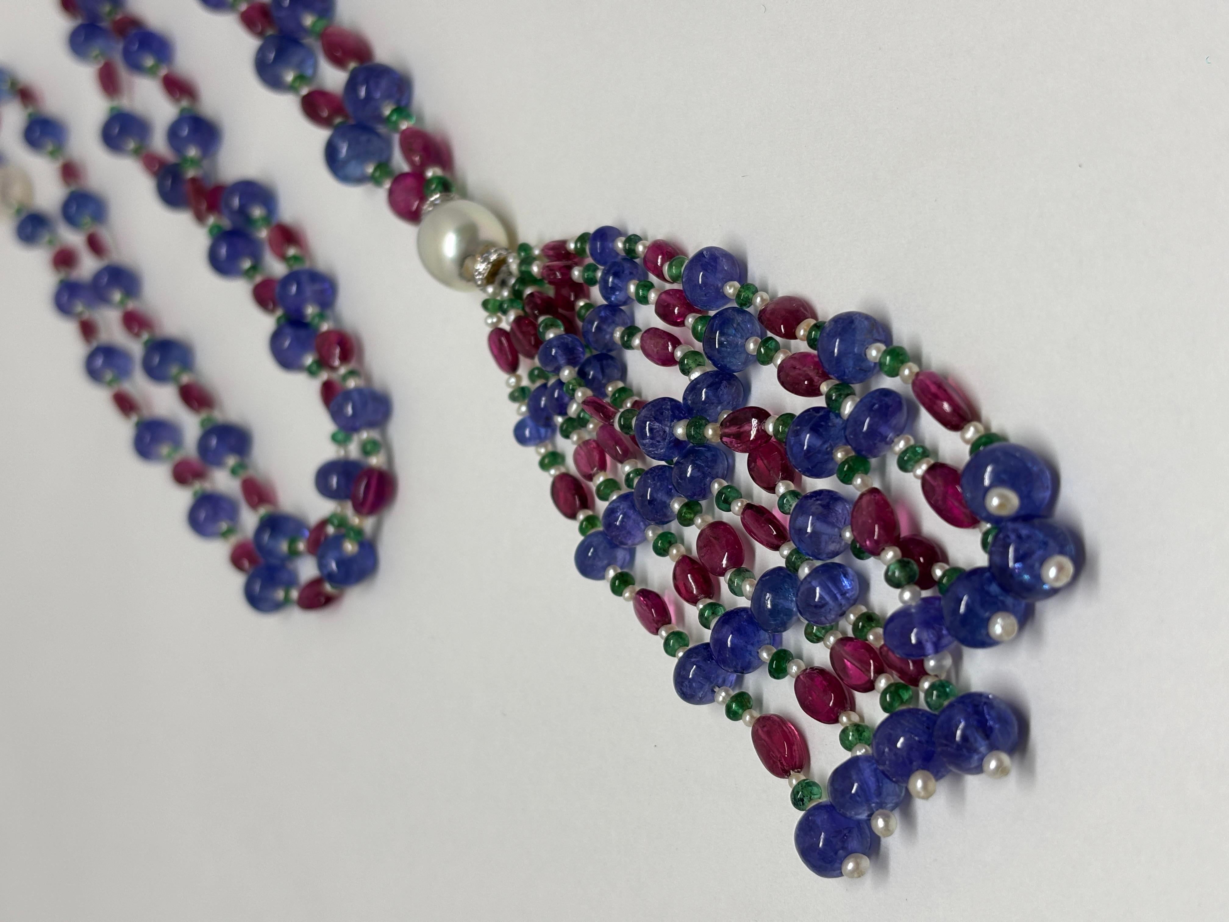 Tanzanite Rubellite Beads Necklace with South Sea Pearl and Diamond Roundel In New Condition For Sale In Hong Kong, HK