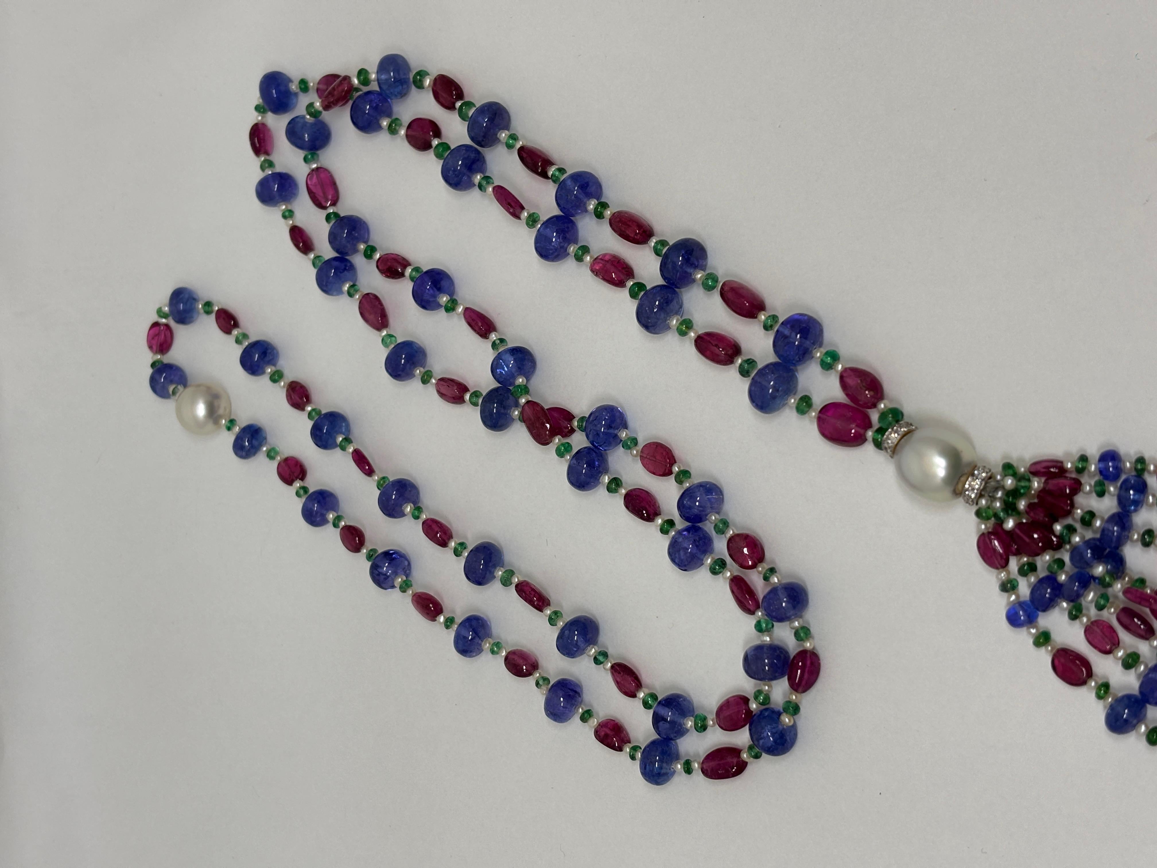 Women's Tanzanite Rubellite Beads Necklace with South Sea Pearl and Diamond Roundel For Sale