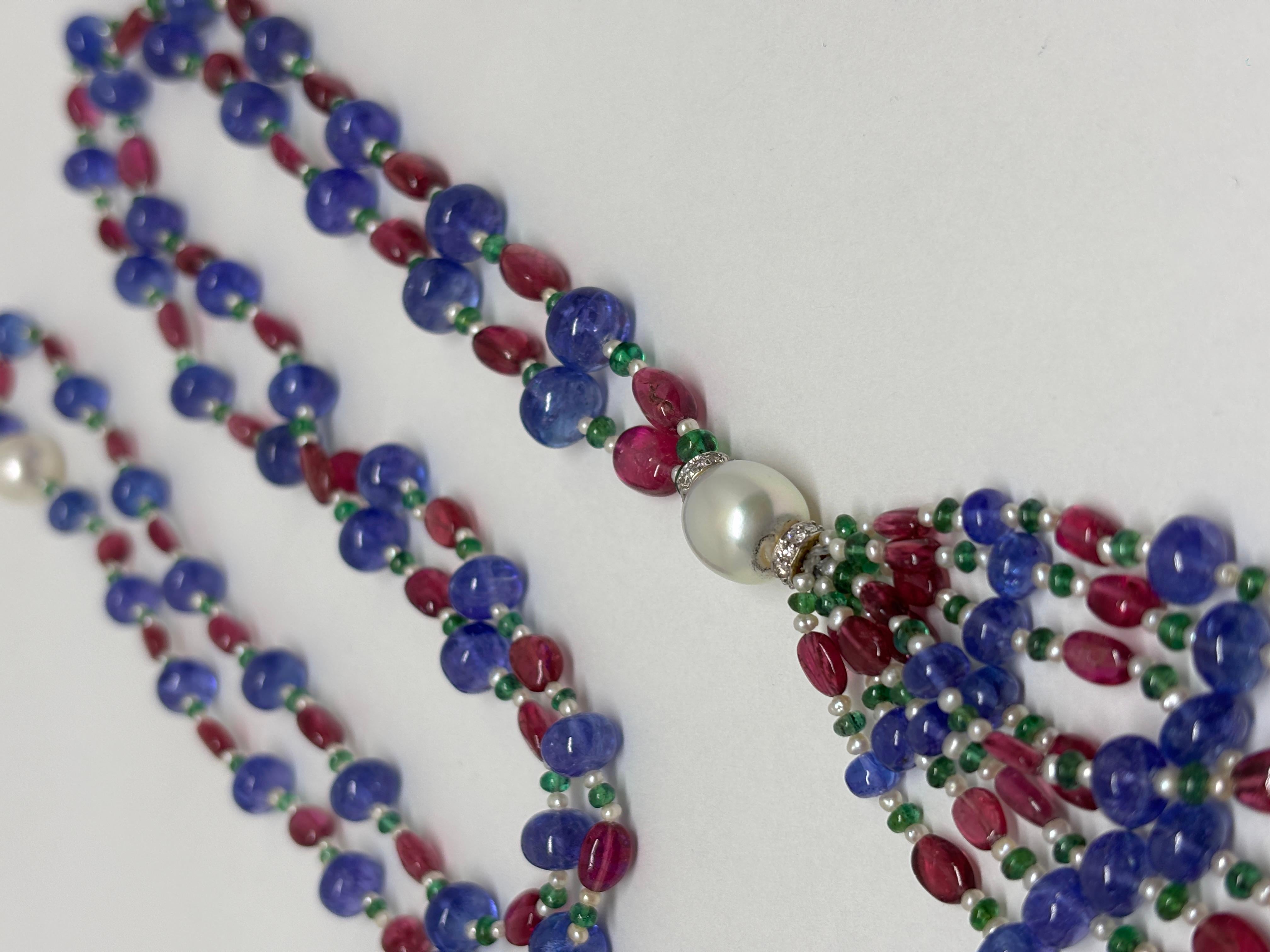 Tanzanite Rubellite Beads Necklace with South Sea Pearl and Diamond Roundel For Sale 1