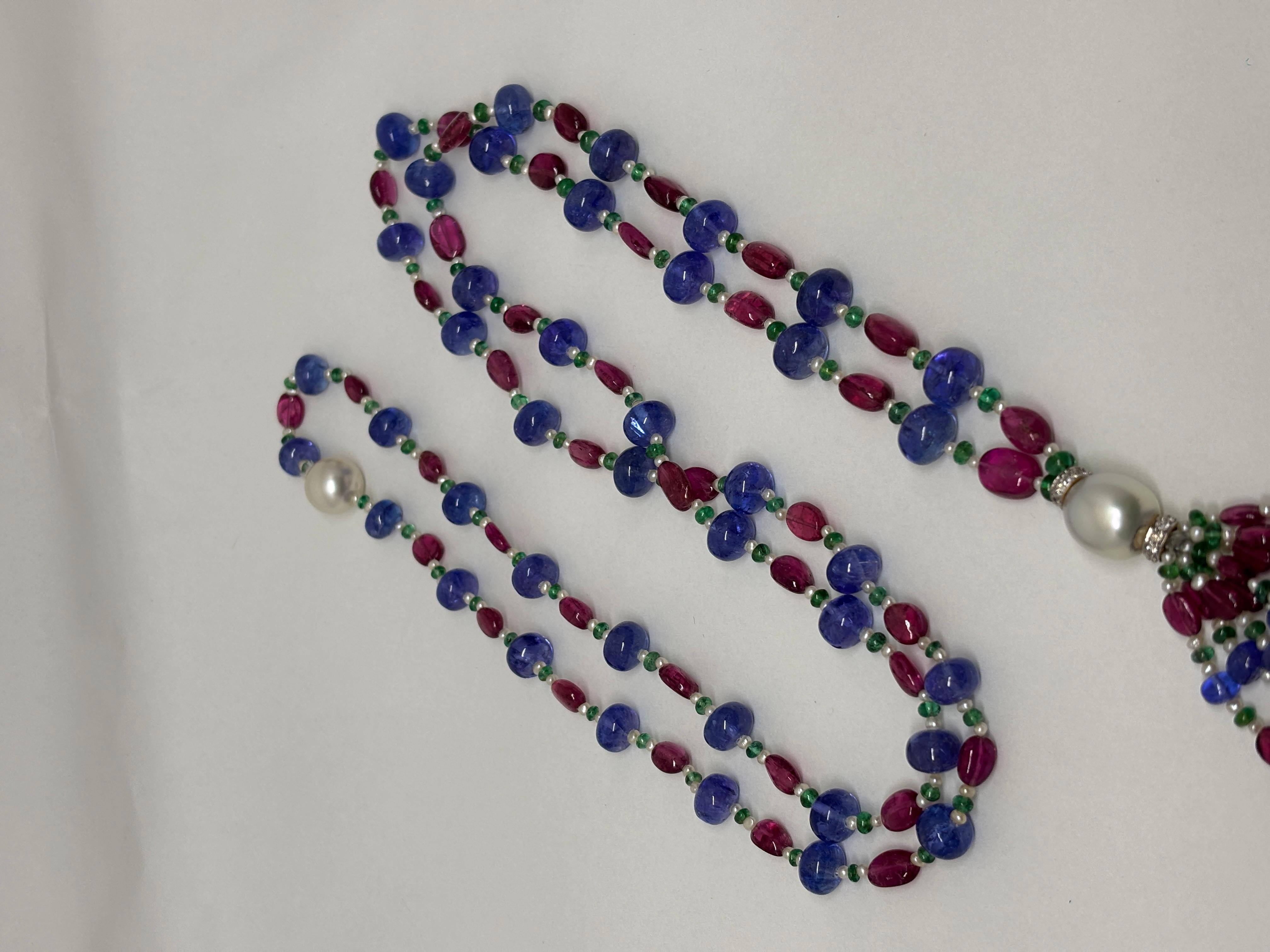 Tanzanite Rubellite Beads Necklace with South Sea Pearl and Diamond Roundel For Sale 2
