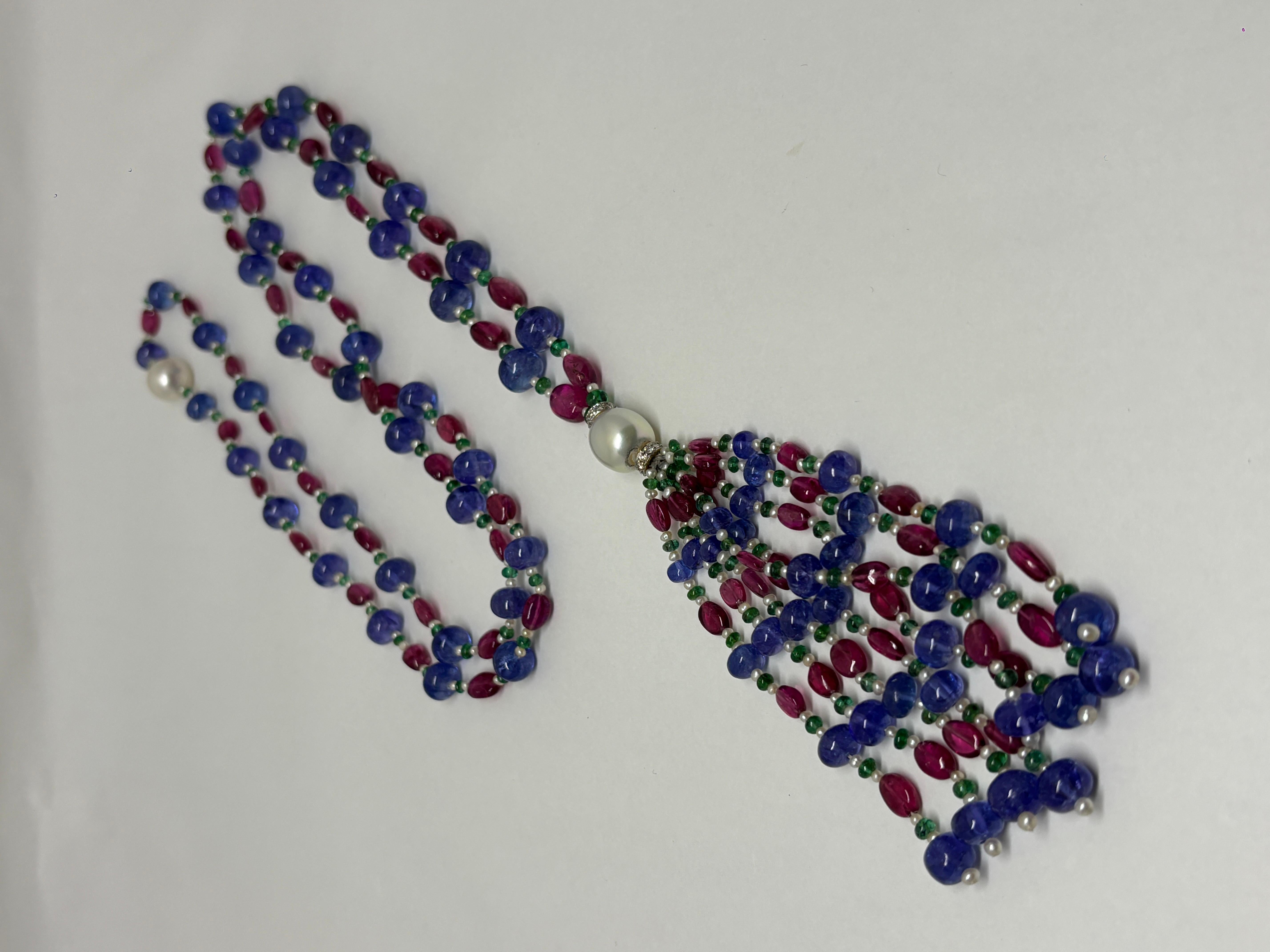Tanzanite Rubellite Beads Necklace with South Sea Pearl and Diamond Roundel For Sale 3