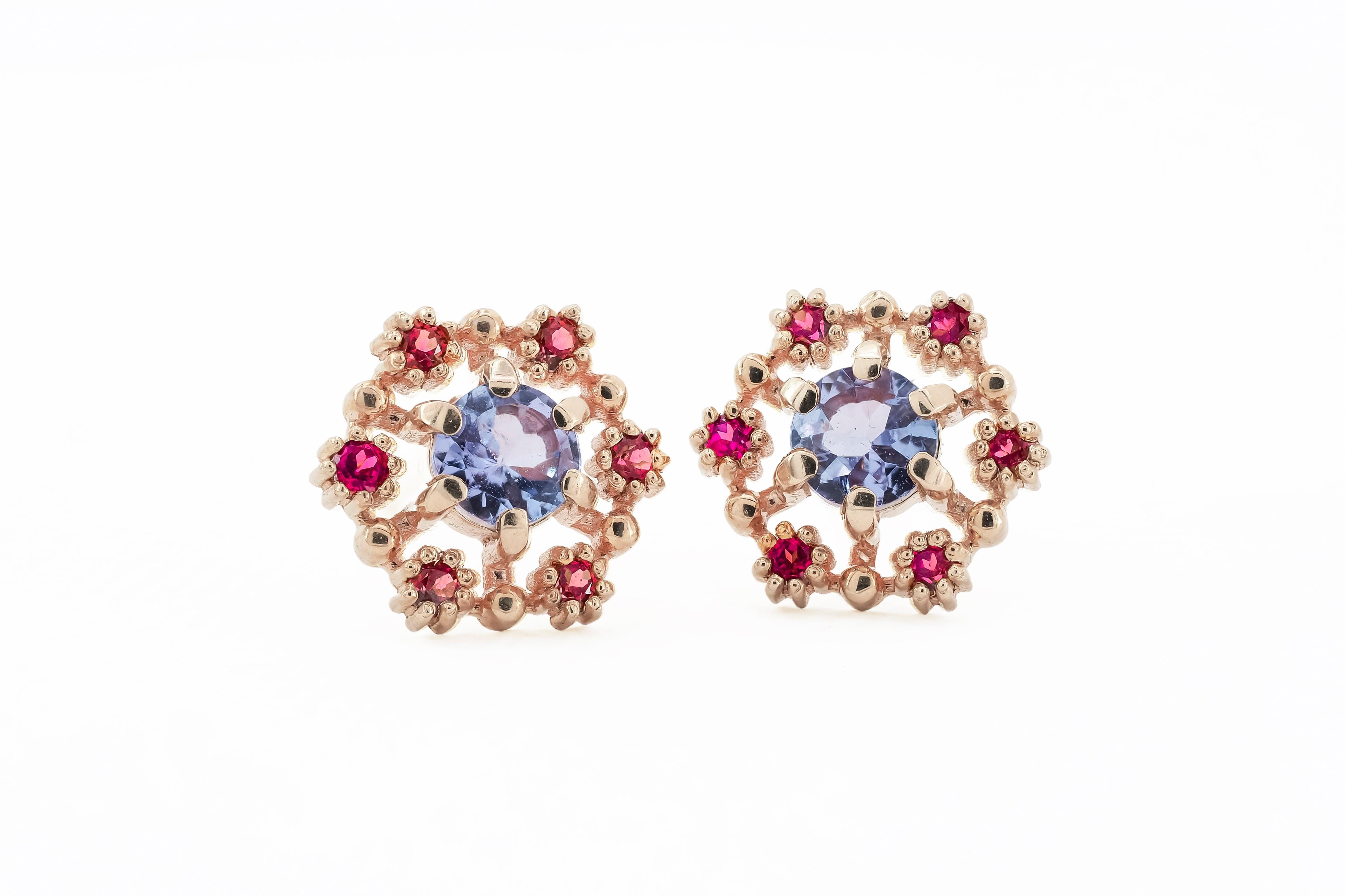 Boucles d'oreilles Tanzanite, rubis 14k, clous d'oreilles Pour femmes en vente