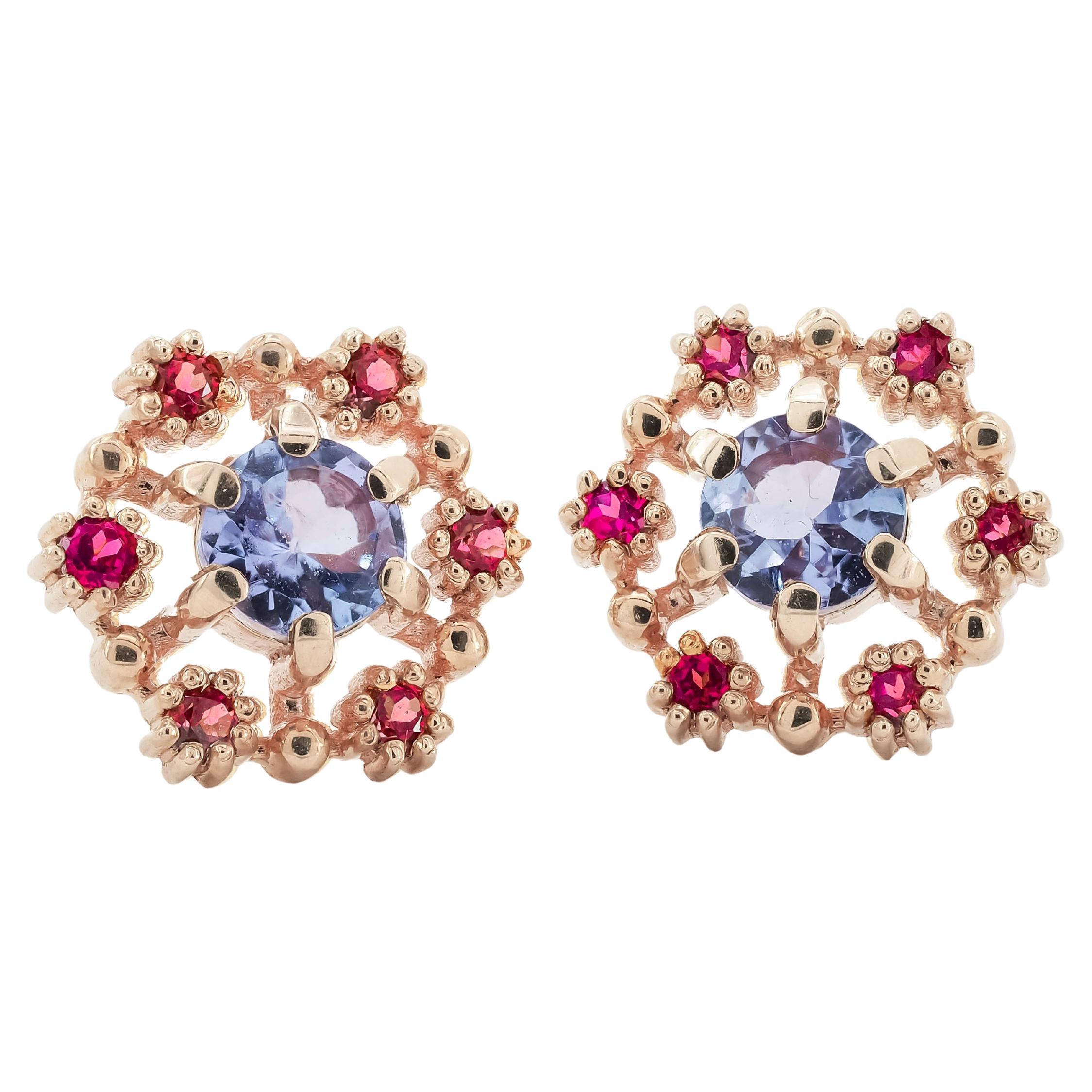Boucles d'oreilles Tanzanite, rubis 14k, clous d'oreilles en vente