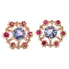 Boucles d'oreilles Tanzanite, rubis 14k, clous d'oreilles