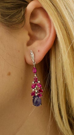 Tanzanite, Ruby and Diamond Dangling Earrings in White Gold, circa 1960s
