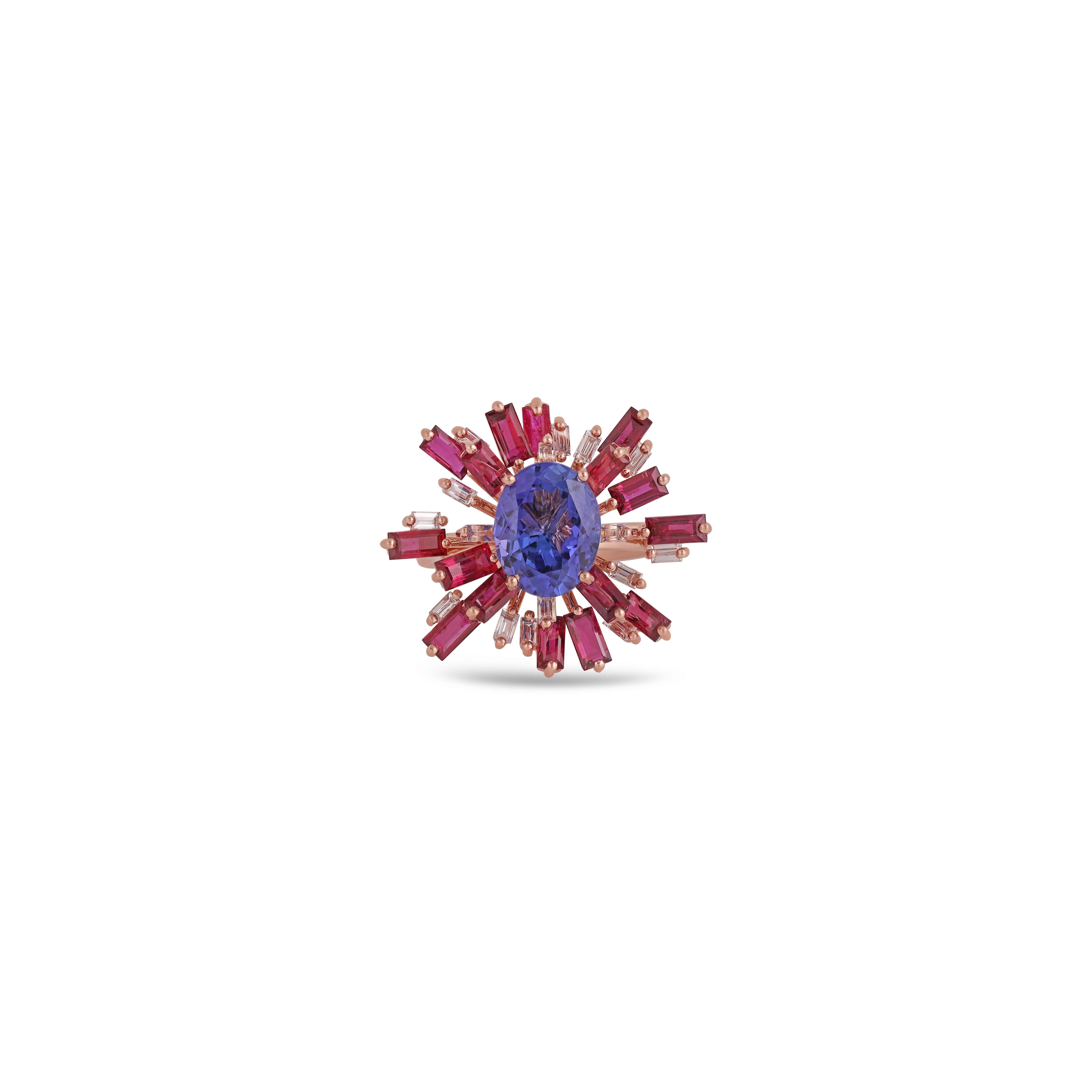 This is a designer floral pattern ring studded in 18k  gold 1pc piece Sapphire 1.73 Carat with 16 pieces of Ruby weight 1.63 carat with Baguette shaped diamond weight 0.38 carat, this entire ring is studded in 18k  in this ring size can be done as