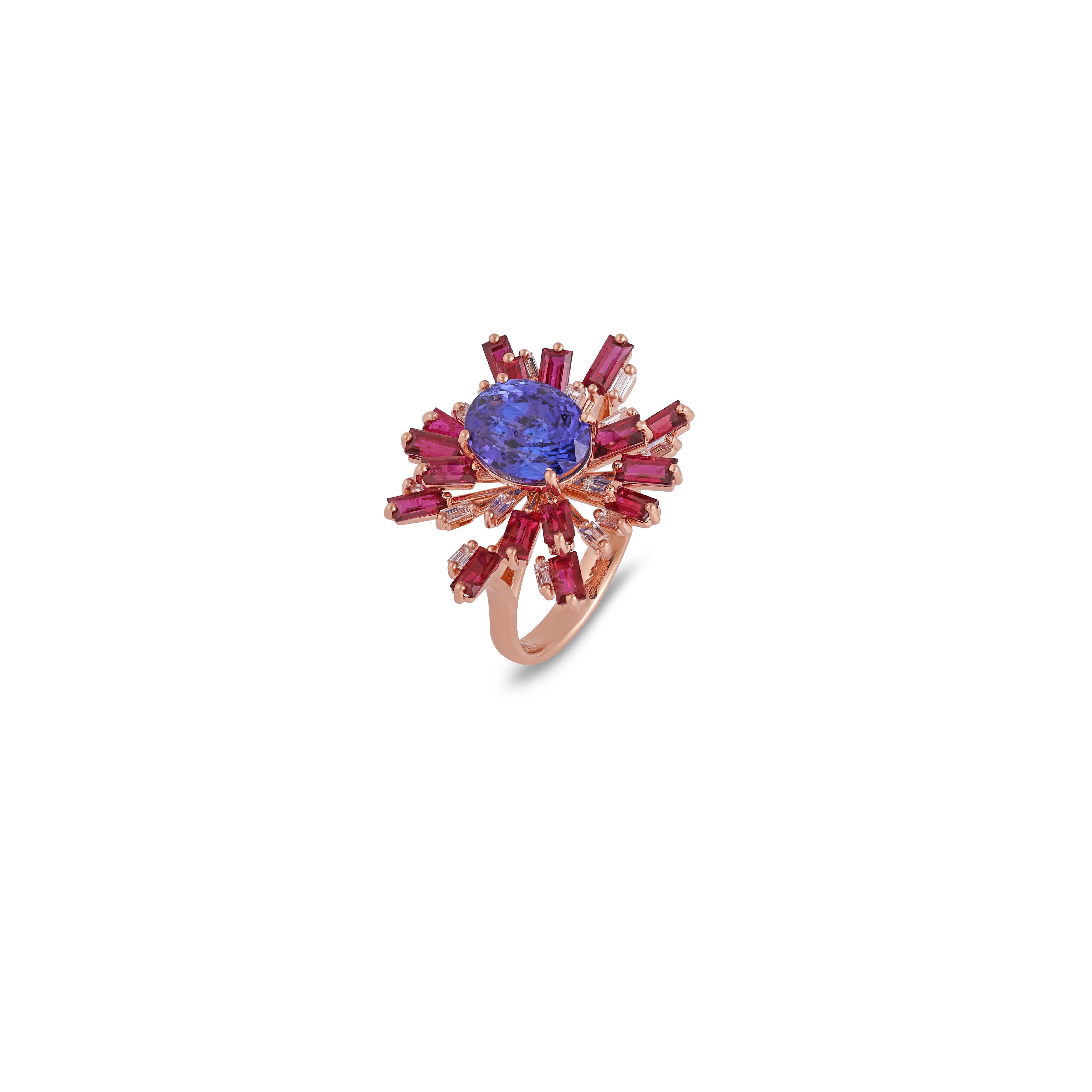 Baguette Cut Sapphire & Ruby Cocktail Ring Studded in 18k Gold For Sale