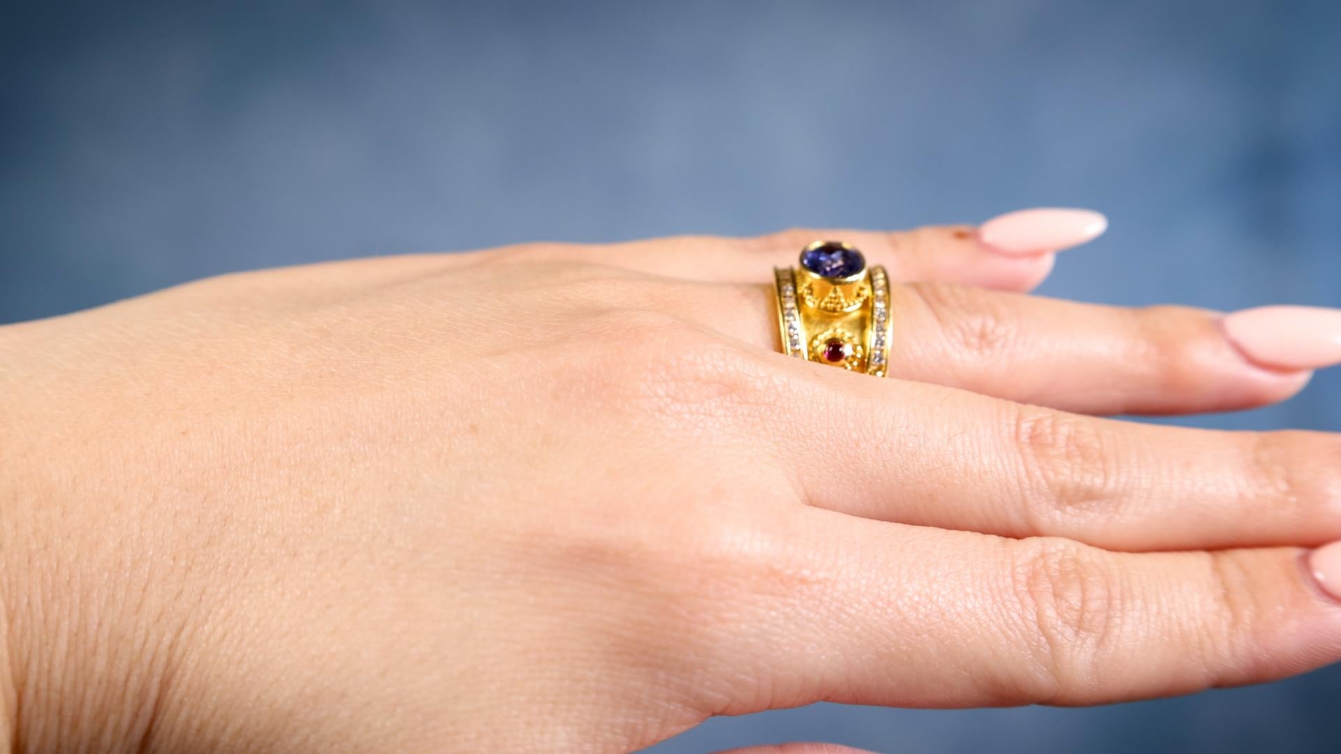 Brilliant Cut Tanzanite Ruby Diamond 22k Yellow Gold Ring For Sale