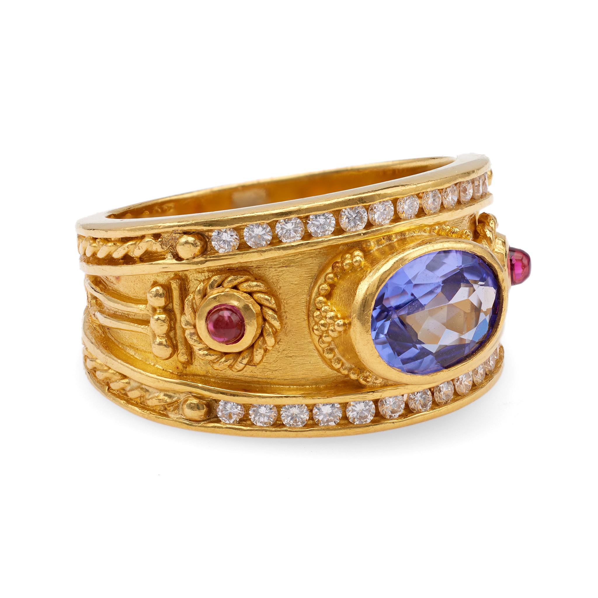 Tanzanite Ruby Diamond 22k Yellow Gold Ring In Excellent Condition For Sale In Beverly Hills, CA
