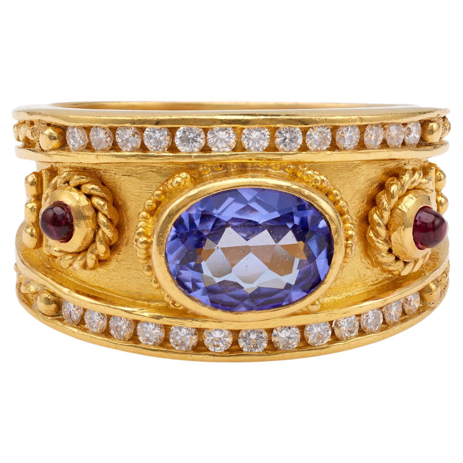 Tansanit Rubin Diamant 22k Gelbgold Ring im Angebot