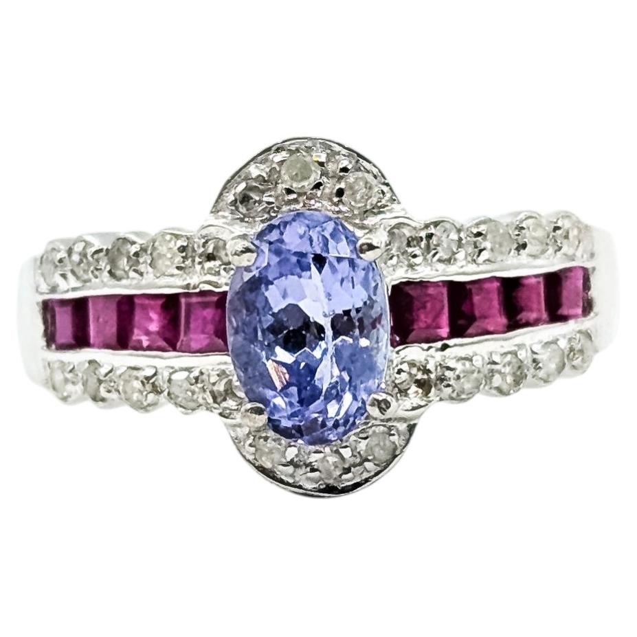 Tanzanite, Ruby & Diamond Ring in 14k White Gold