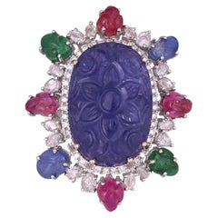 Tanzanite, Ruby, Emerald, Blue Sapphires & Diamonds Tutti Frutti Cocktail Ring