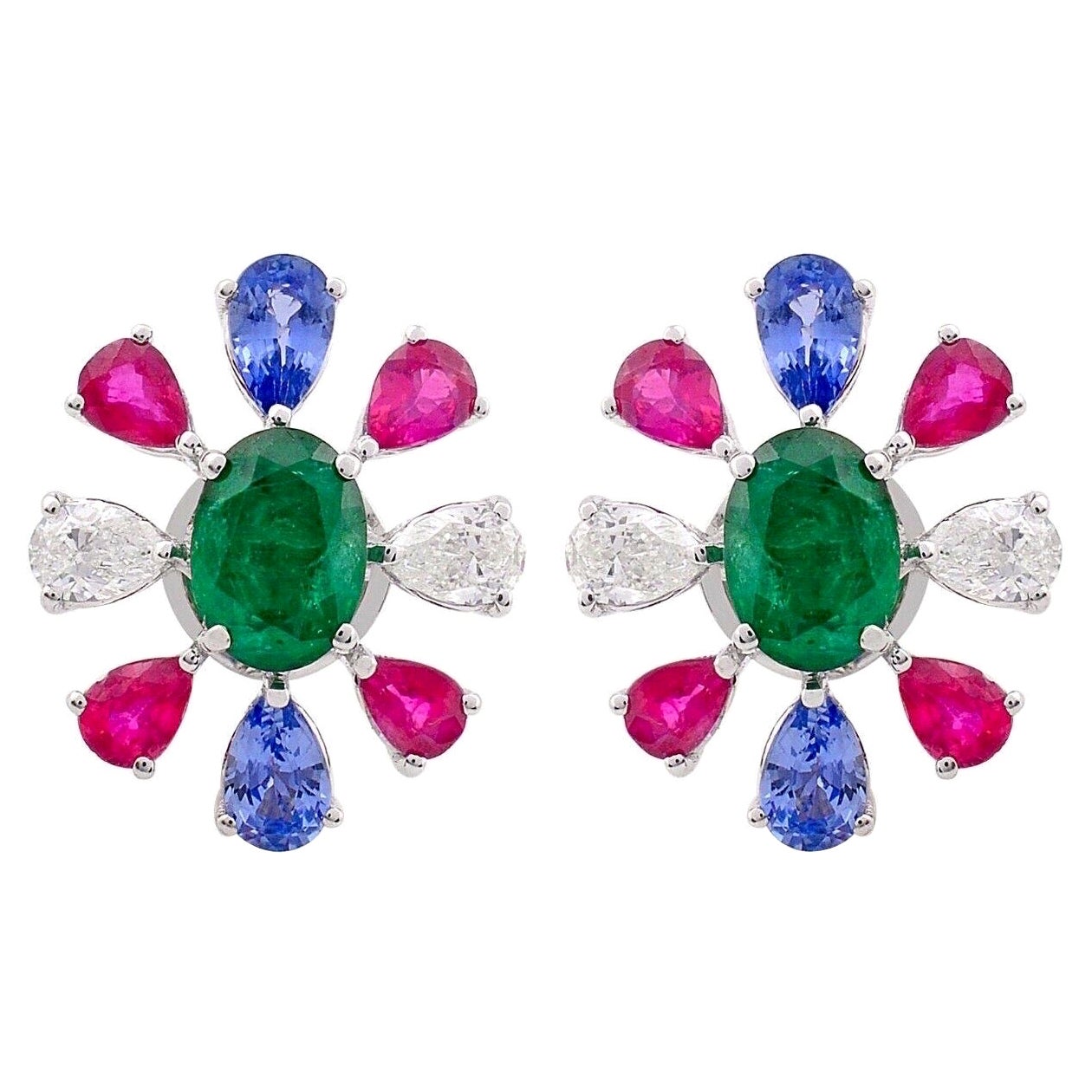 Clous d'oreilles en or blanc 18 carats avec tanzanite, rubis, émeraude et diamant