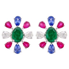 Clous d'oreilles en or blanc 18 carats avec tanzanite, rubis, émeraude et diamant