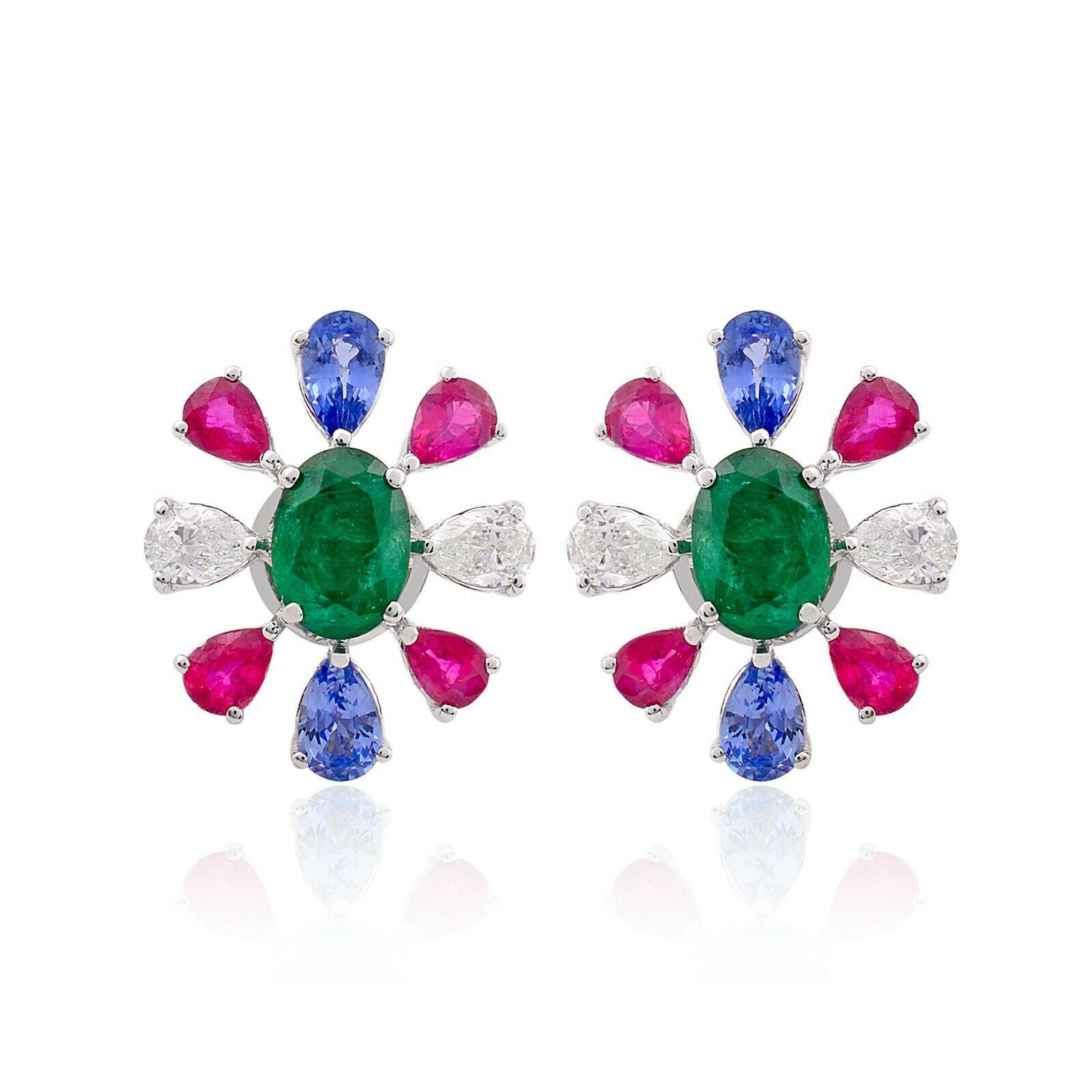Modern Tanzanite Ruby Emerald Diamond 14 Karat White Gold Stud Earrings For Sale