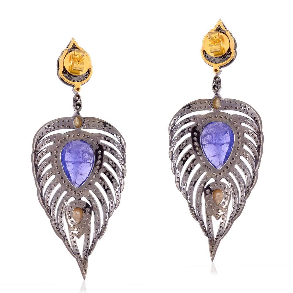 Modern Tanzanite, Sapphire and Diamond Feather Earrings For Sale