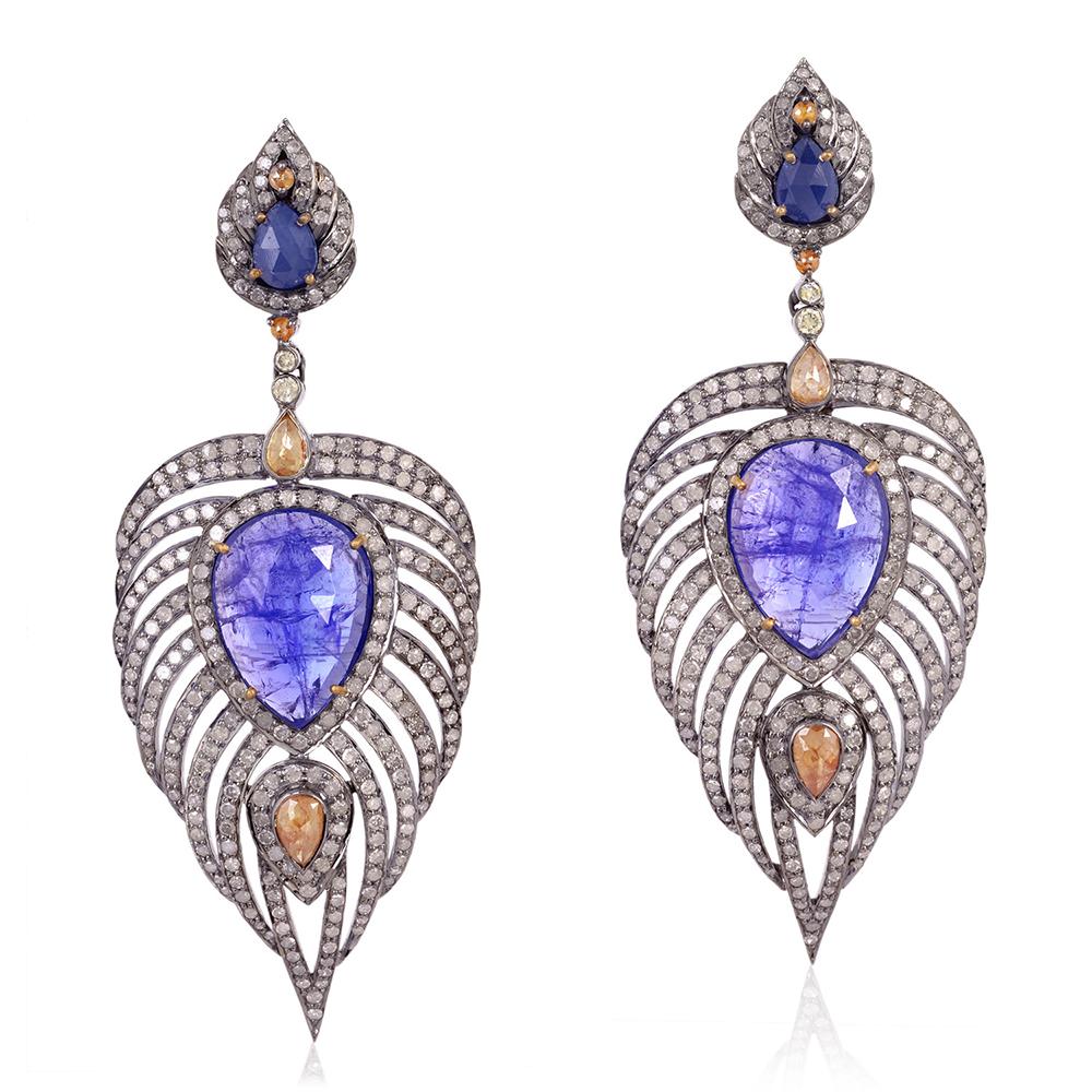 Mixed Cut Tanzanite, Sapphire and Diamond Feather Earrings For Sale