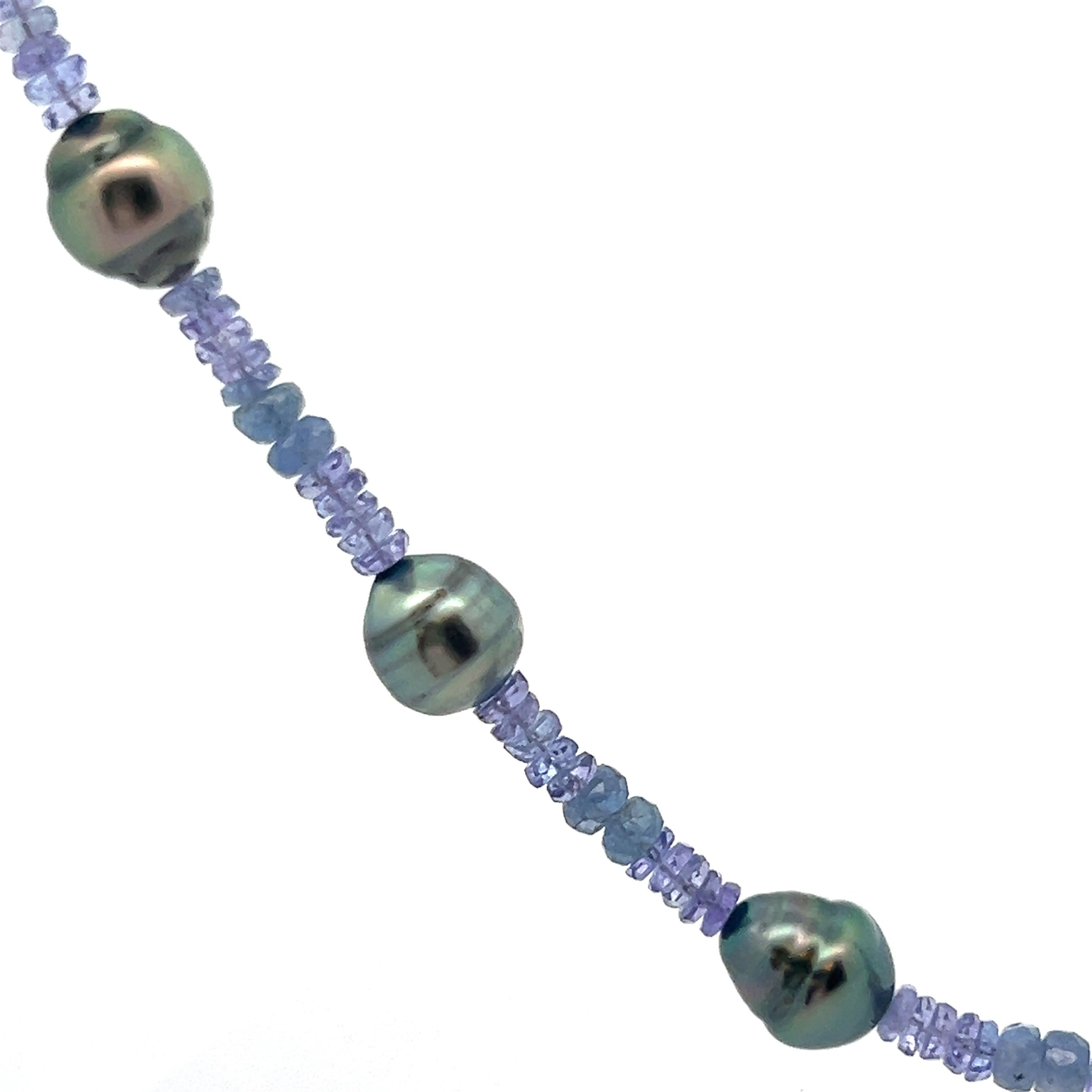Tanzanite Sapphire Beads Tahitian Baroque Black Pearls Sterling Silver Necklace In New Condition For Sale In New York, NY