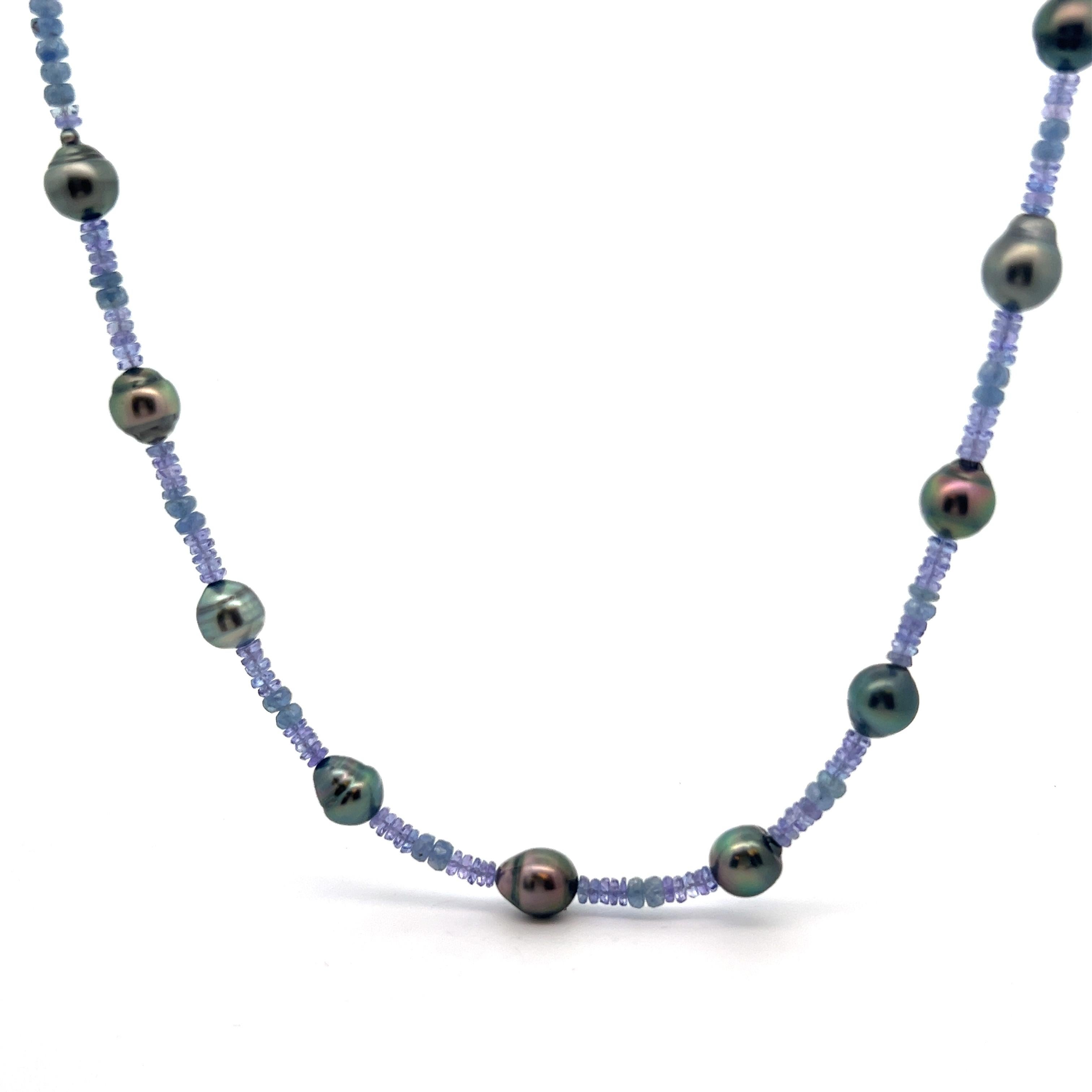 Tanzanite Sapphire Beads Tahitian Baroque Black Pearls Sterling Silver Necklace For Sale 1
