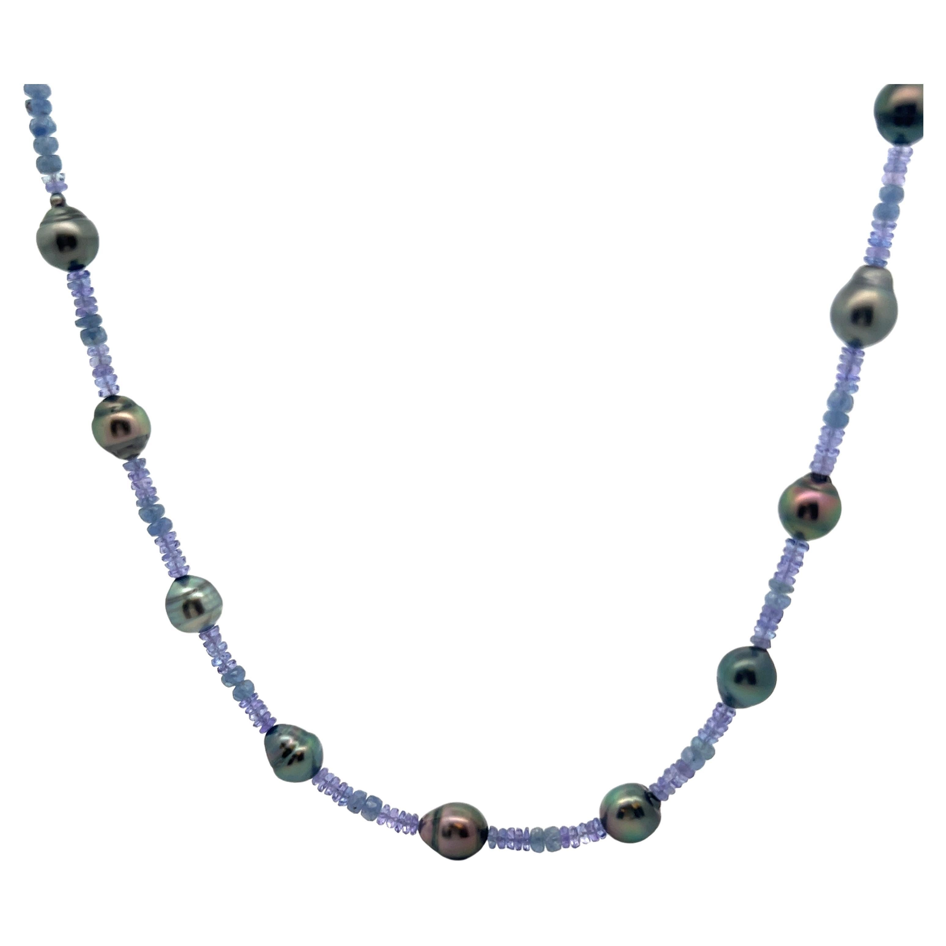 Tanzanite Sapphire Beads Tahitian Baroque Black Pearls Sterling Silver Necklace