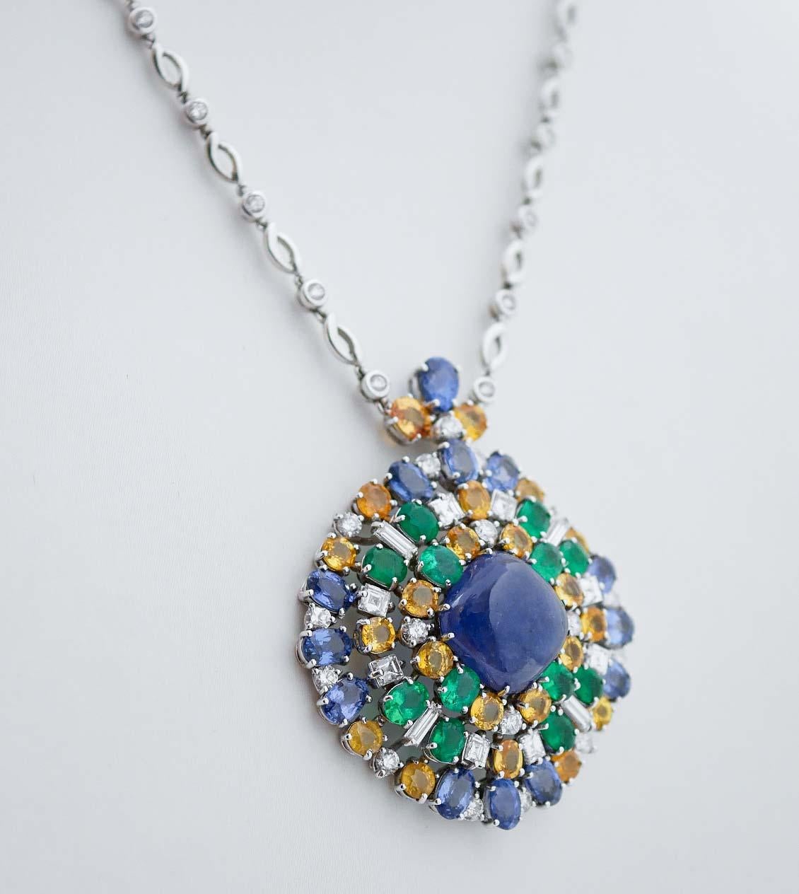 Retro Tanzanite, Sapphires, Emeralds, Diamonds, 18 Karat White Gold Pendant Necklace. For Sale