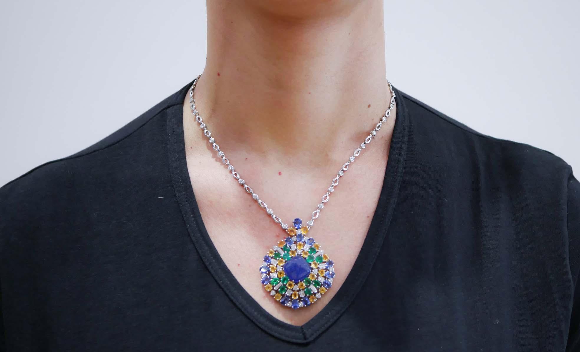 Women's Tanzanite, Sapphires, Emeralds, Diamonds, 18 Karat White Gold Pendant Necklace. For Sale
