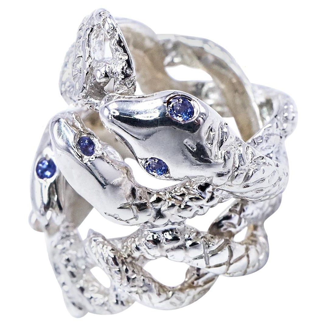 Anello a forma di serpente con occhi in tanzanite, cocktail in argento a forma di serpente in vendita