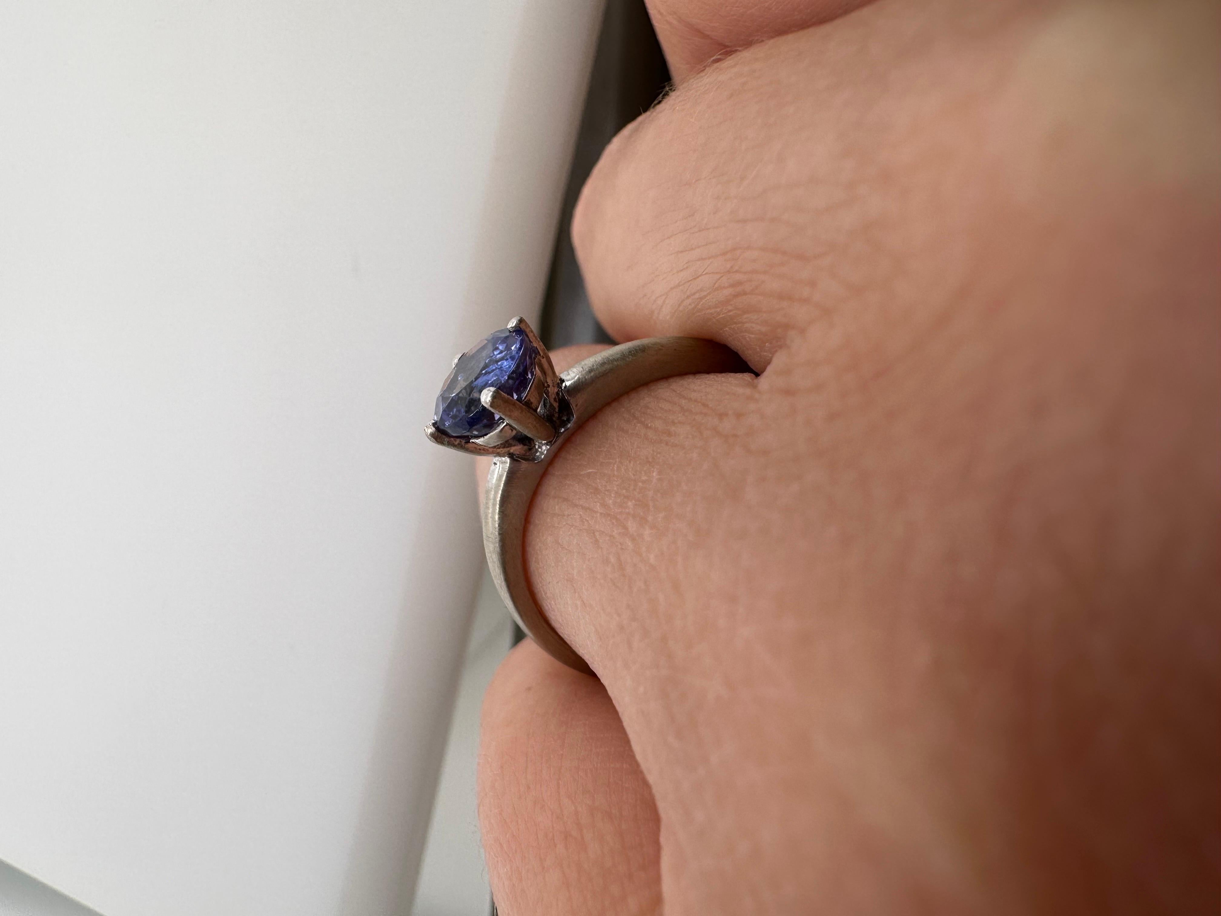 Tanzanite Solitaire ring 14KT white gold matte finish engagement ring In Excellent Condition For Sale In Boca Raton, FL