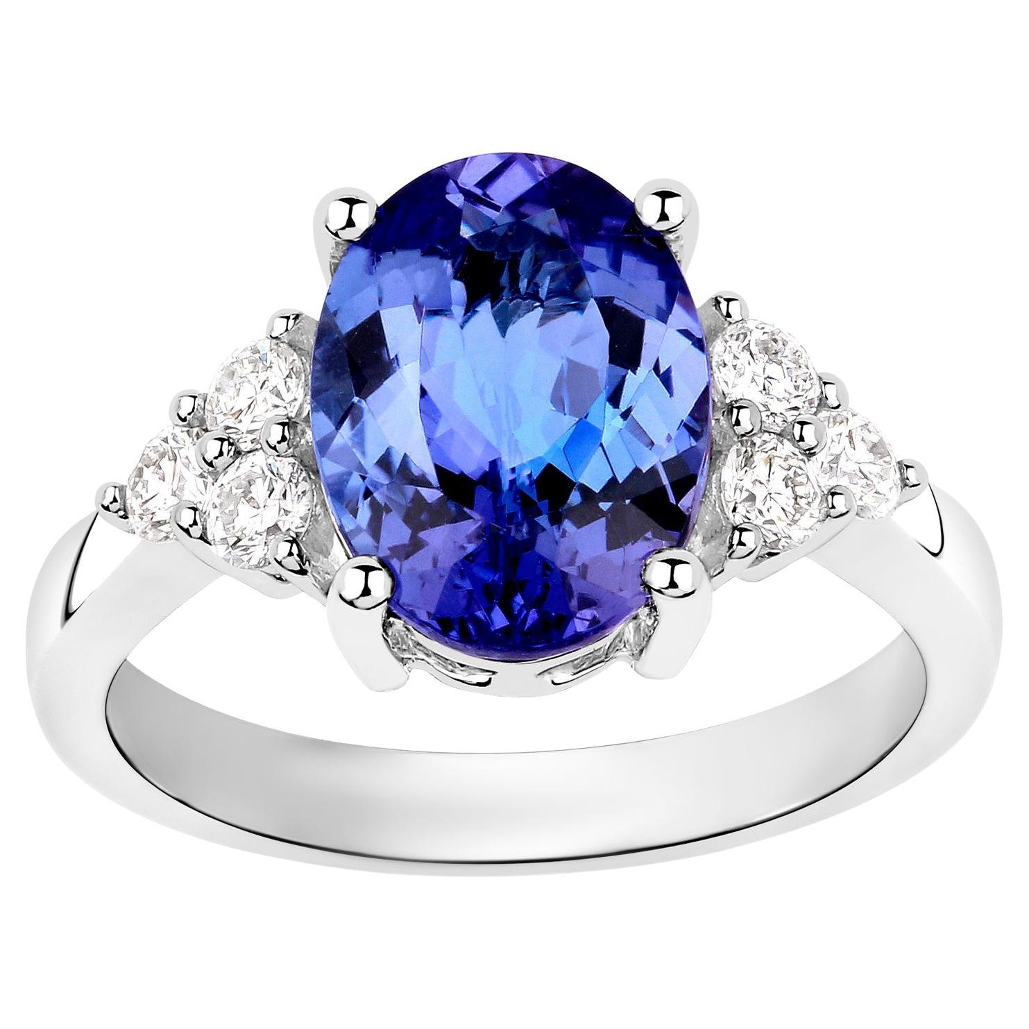 Tanzanite & Diamond Bead Set Halo Ring 9ct White Gold