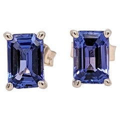 Tansanit Solitär-Ohrstecker aus massivem 14K Gold mit Smaragdschliff 6x4mm