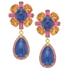 25.65 Carat Blue Tanzanite, Spessartite Garnet and Pink Tourmaline Drop Earrings