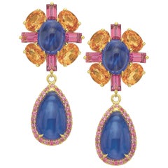 Boucles d'oreilles jour et nuit en tanzanite, grenat spessartite et tourmaline rose