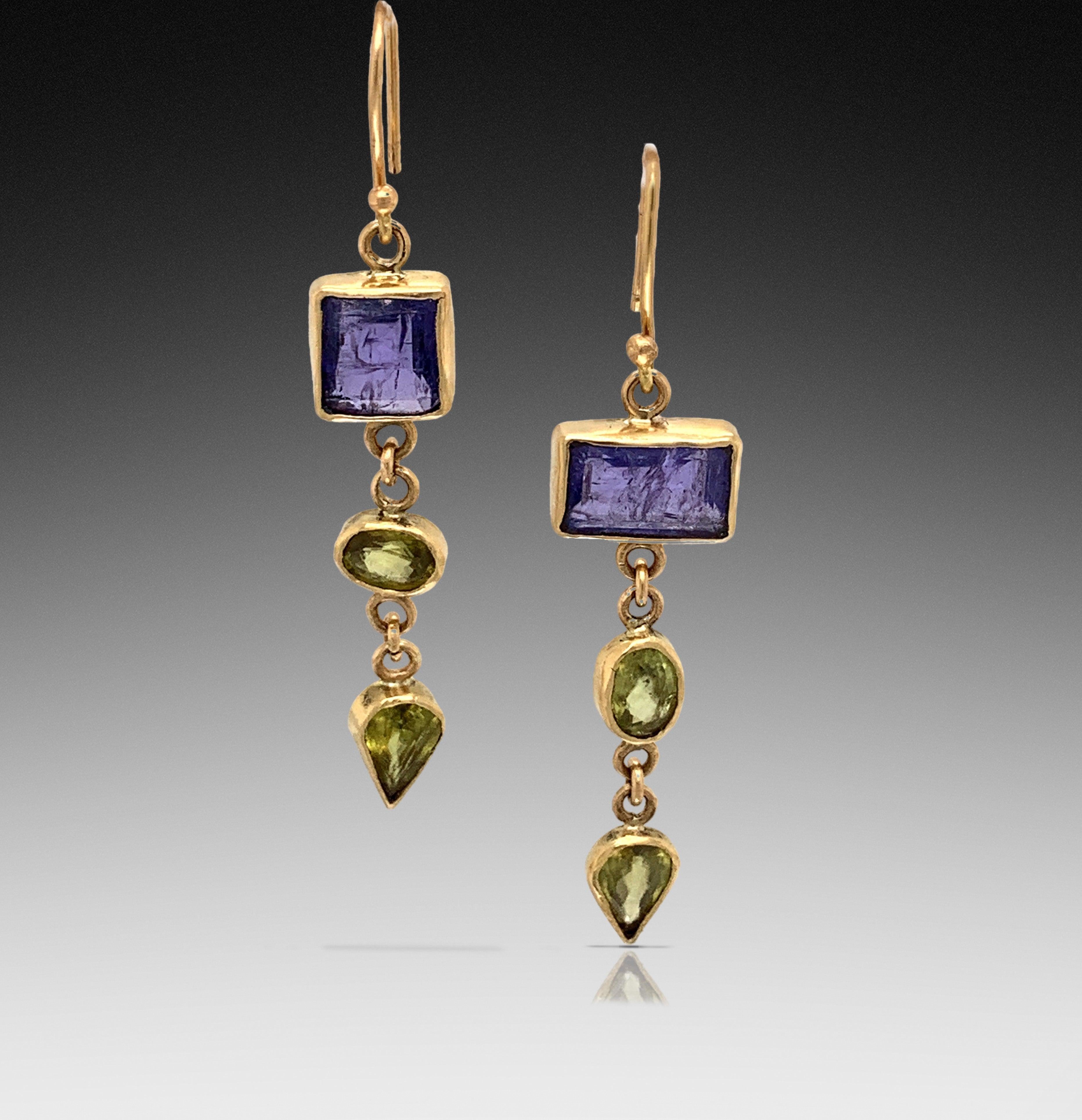 Subtle mix-match tanzanite and sphene drop earrings.  All bezel set in 18K gold.  One of a kind.  Measure 2