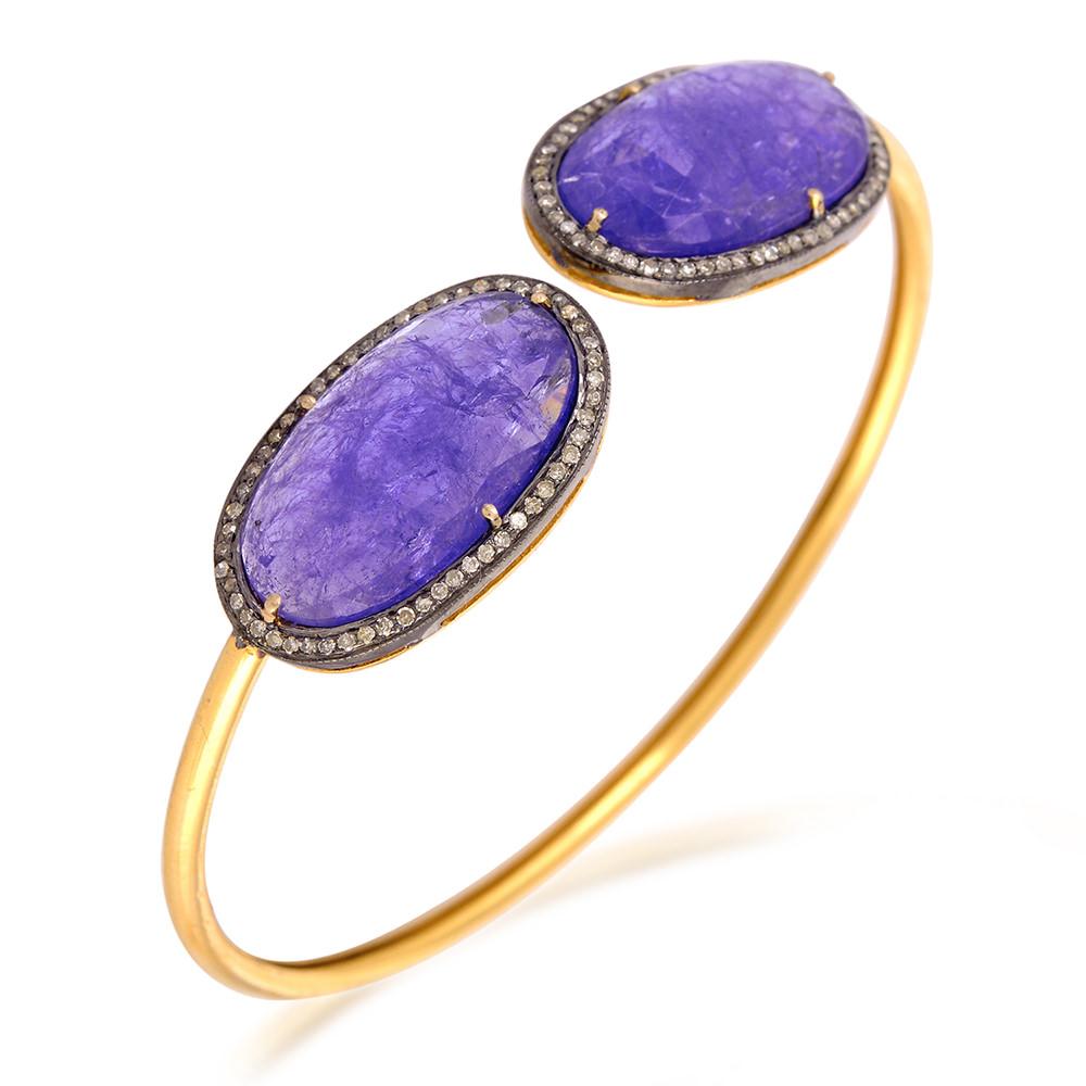 Modern Tanzanite Stone with Pave Diamond Set Bracelet Made in 18k Gold & Silver For Sale