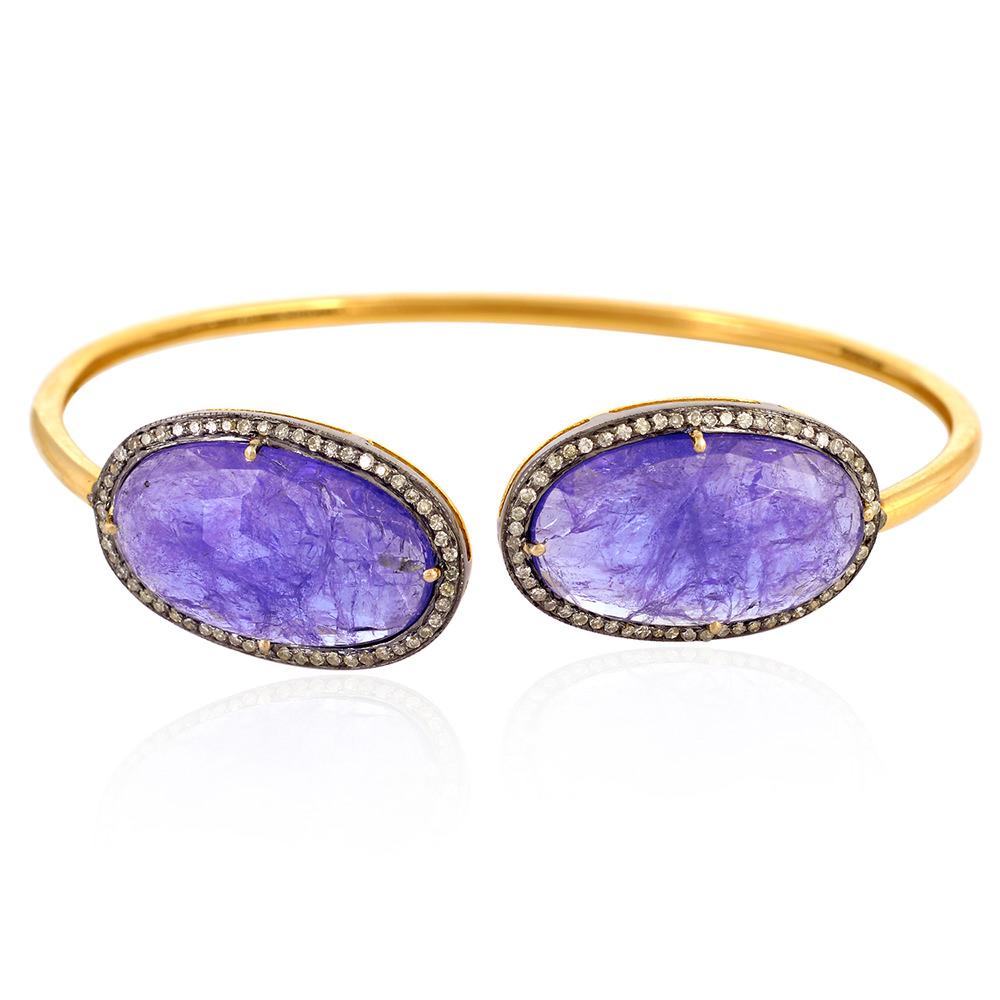 Mixed Cut Tanzanite Stone with Pave Diamond Set Bracelet Made in 18k Gold & Silver For Sale