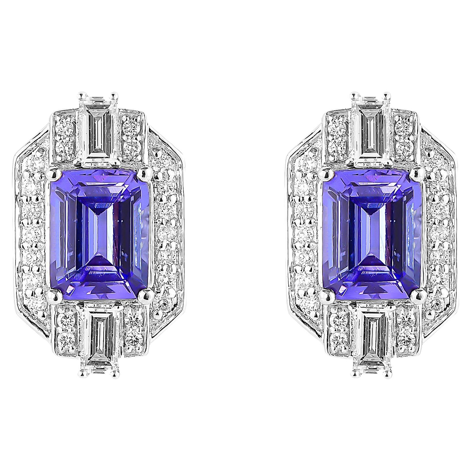 Tanzanite Stud Earring in 18 Karat White Gold with Diamond For Sale