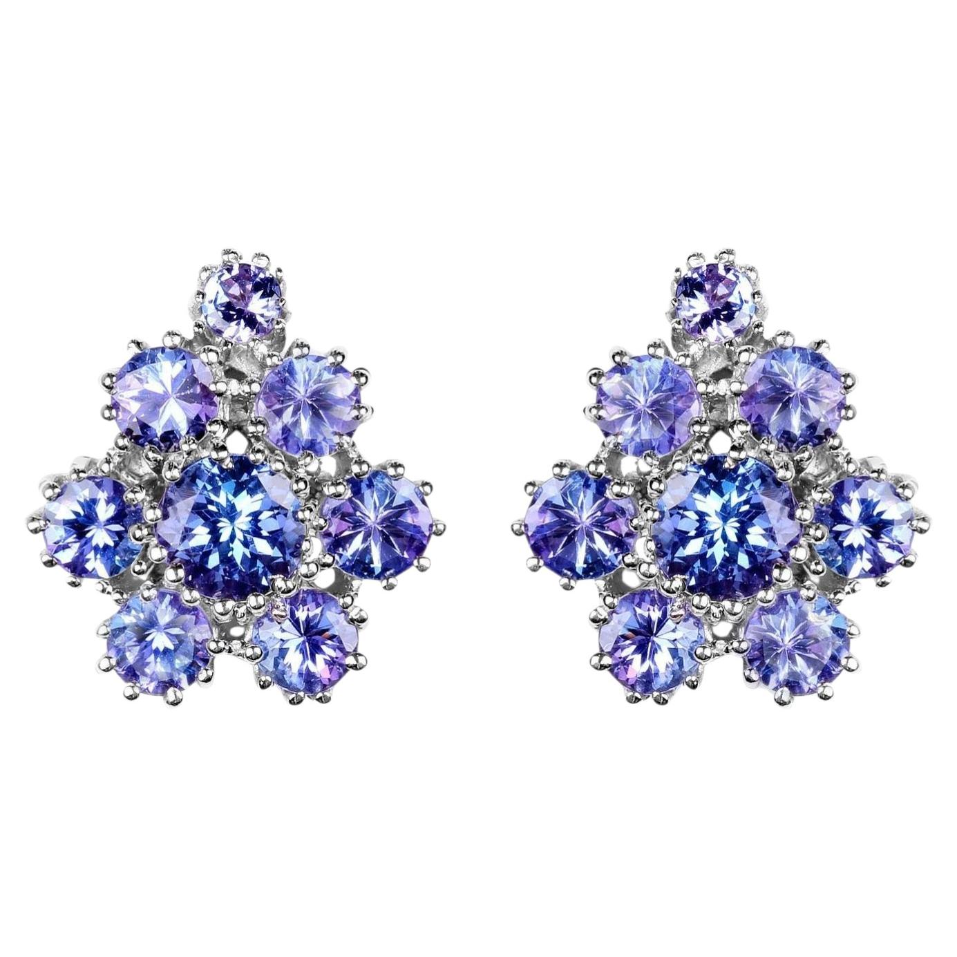 Tanzanite Stud Earrings 4.2 Carats Rhodium Plated Silver