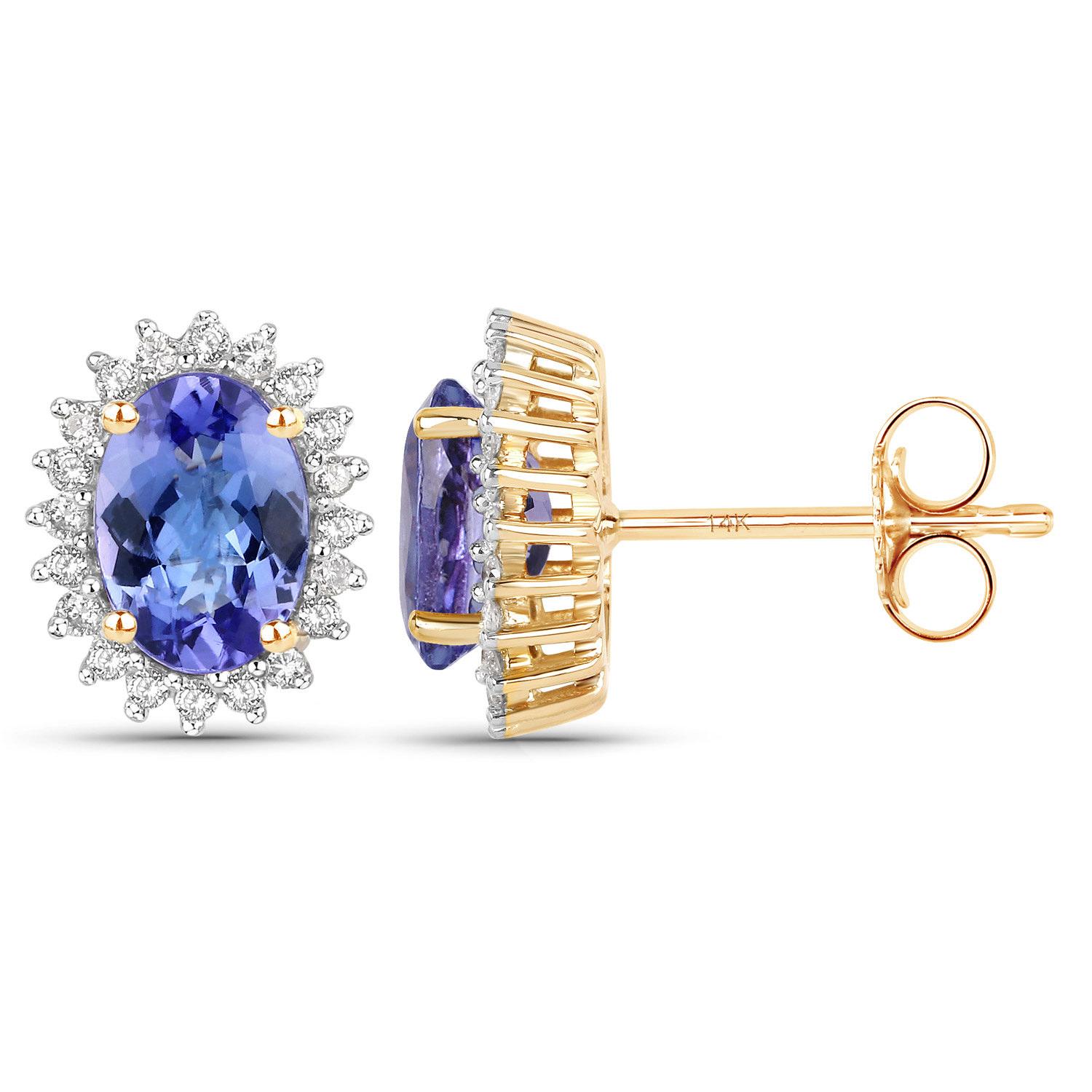 Contemporary Tanzanite Stud Earrings Diamond Halo 1.7 Carats 14K Yellow Gold For Sale