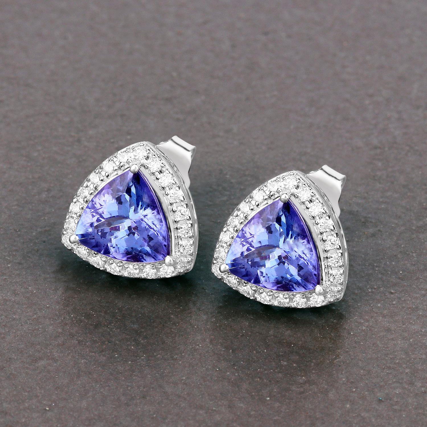 Trillion Cut Tanzanite Stud Earrings With Diamonds 3.82 Carats 14K White Gold For Sale