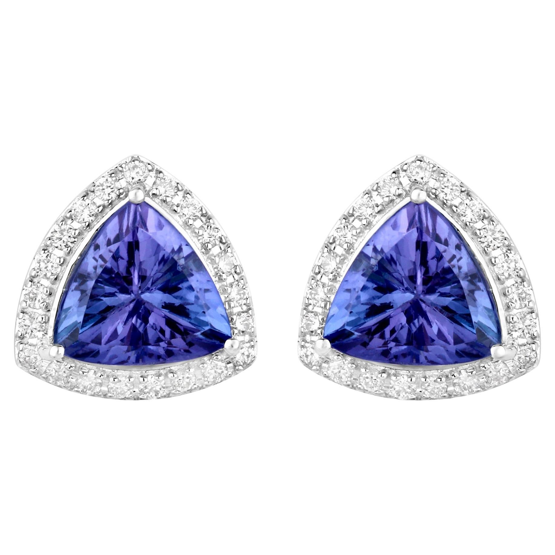 Tanzanite Stud Earrings With Diamonds 3.82 Carats 14K White Gold For Sale